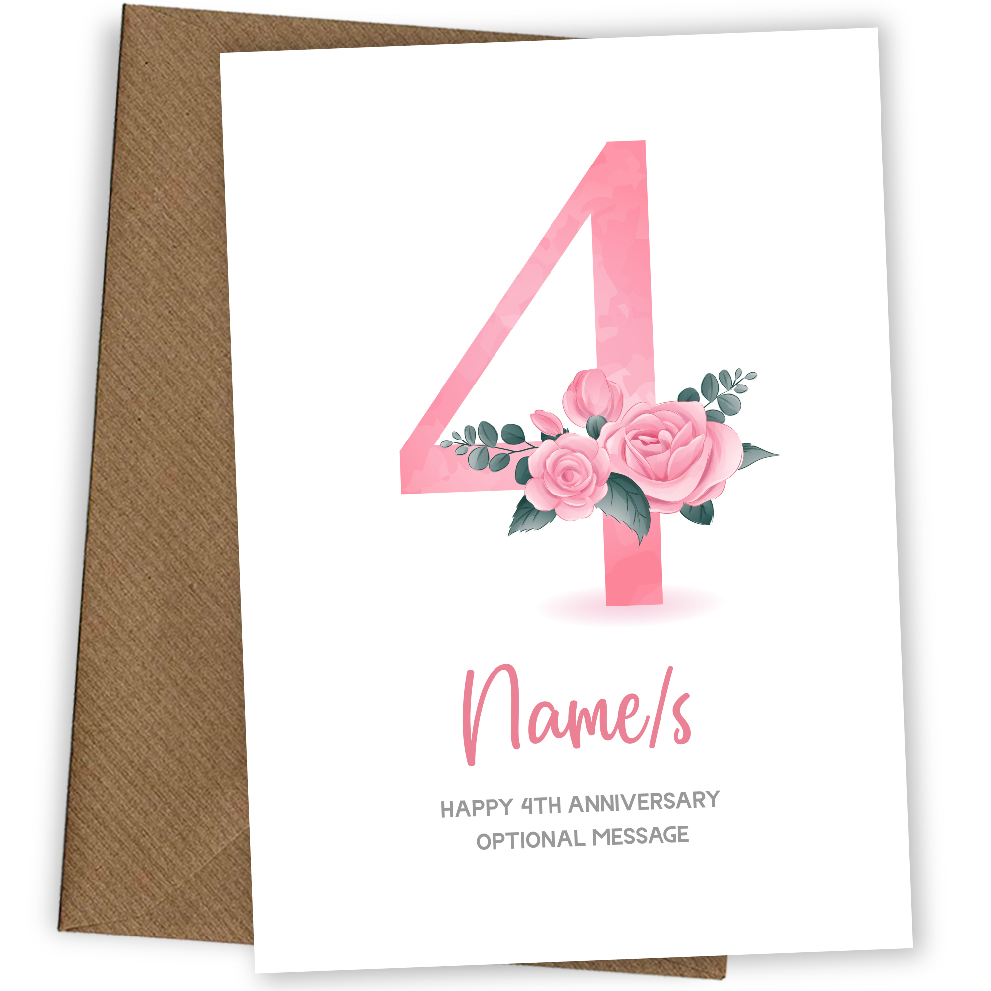 4th Anniversary Card for Wife Husband - Floral Number 4