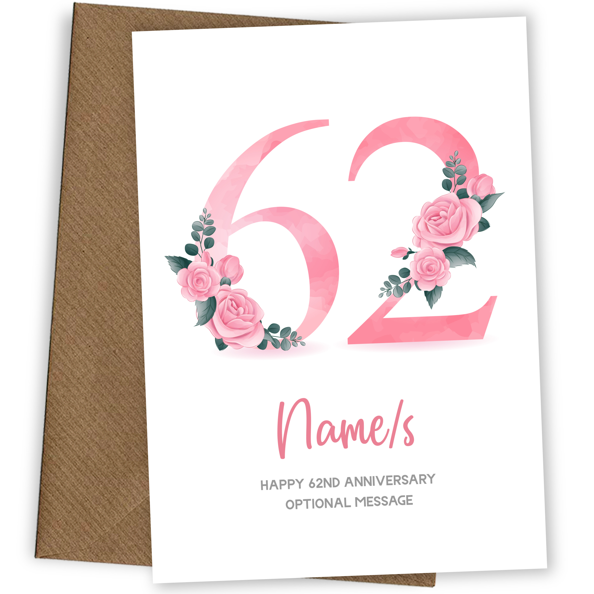 62nd Anniversary Card for Wife Husband - Floral Number 62
