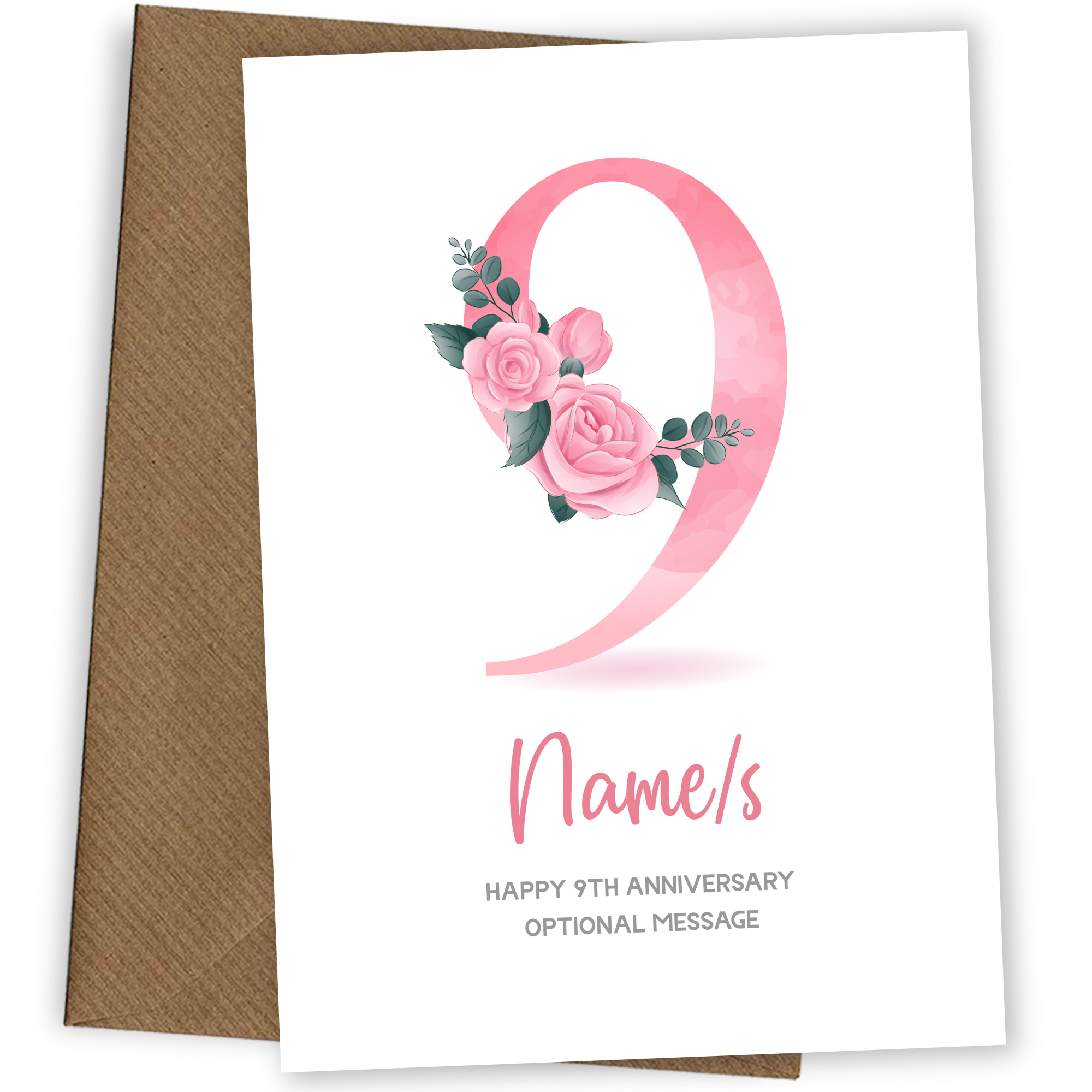 9th Anniversary Card for Wife Husband - Floral Number 9