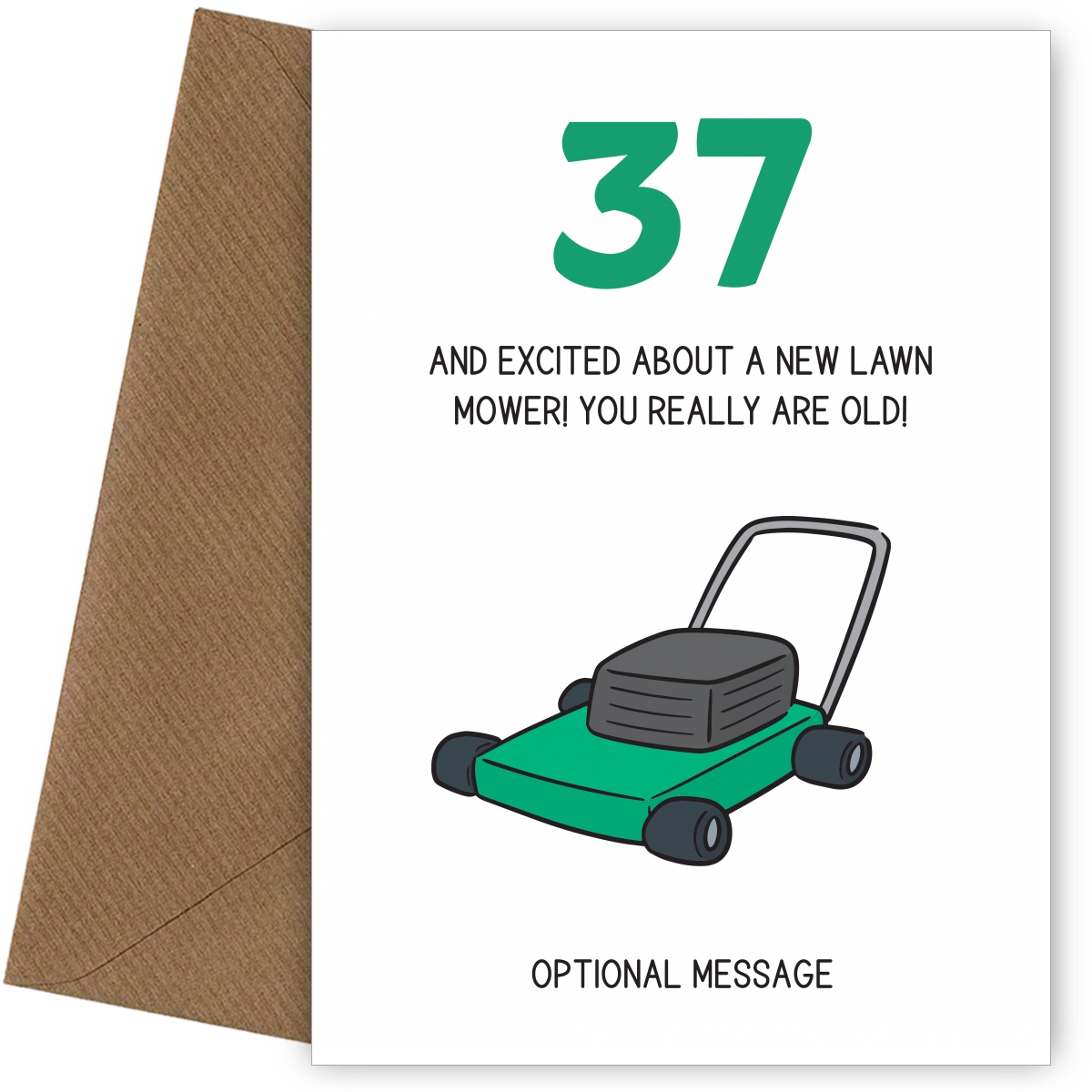 Happy 37th Birthday Card - Excited About Lawn Mower!