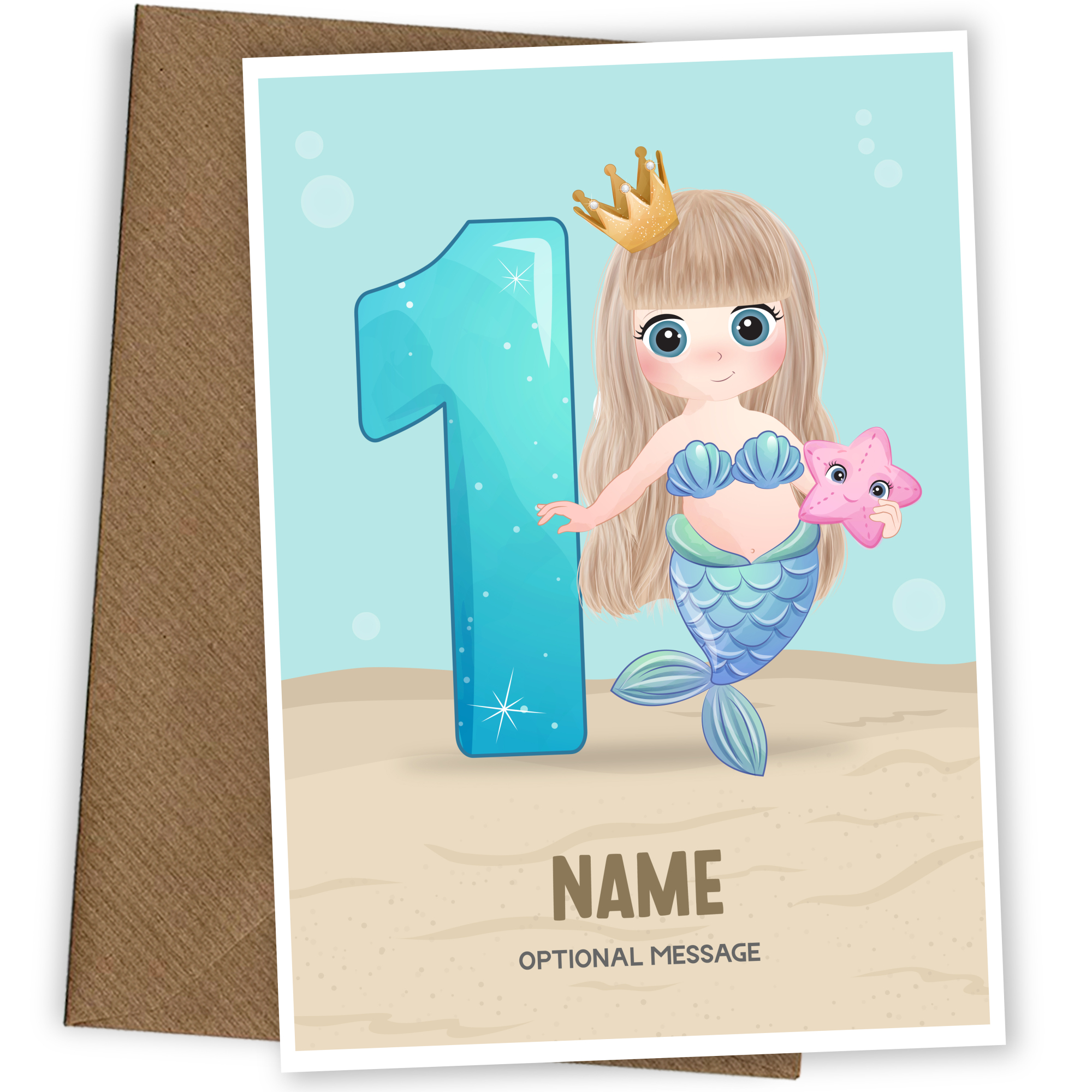 Girls 1st Birthday Card for Kids Age 1 Yrs - Mermaid