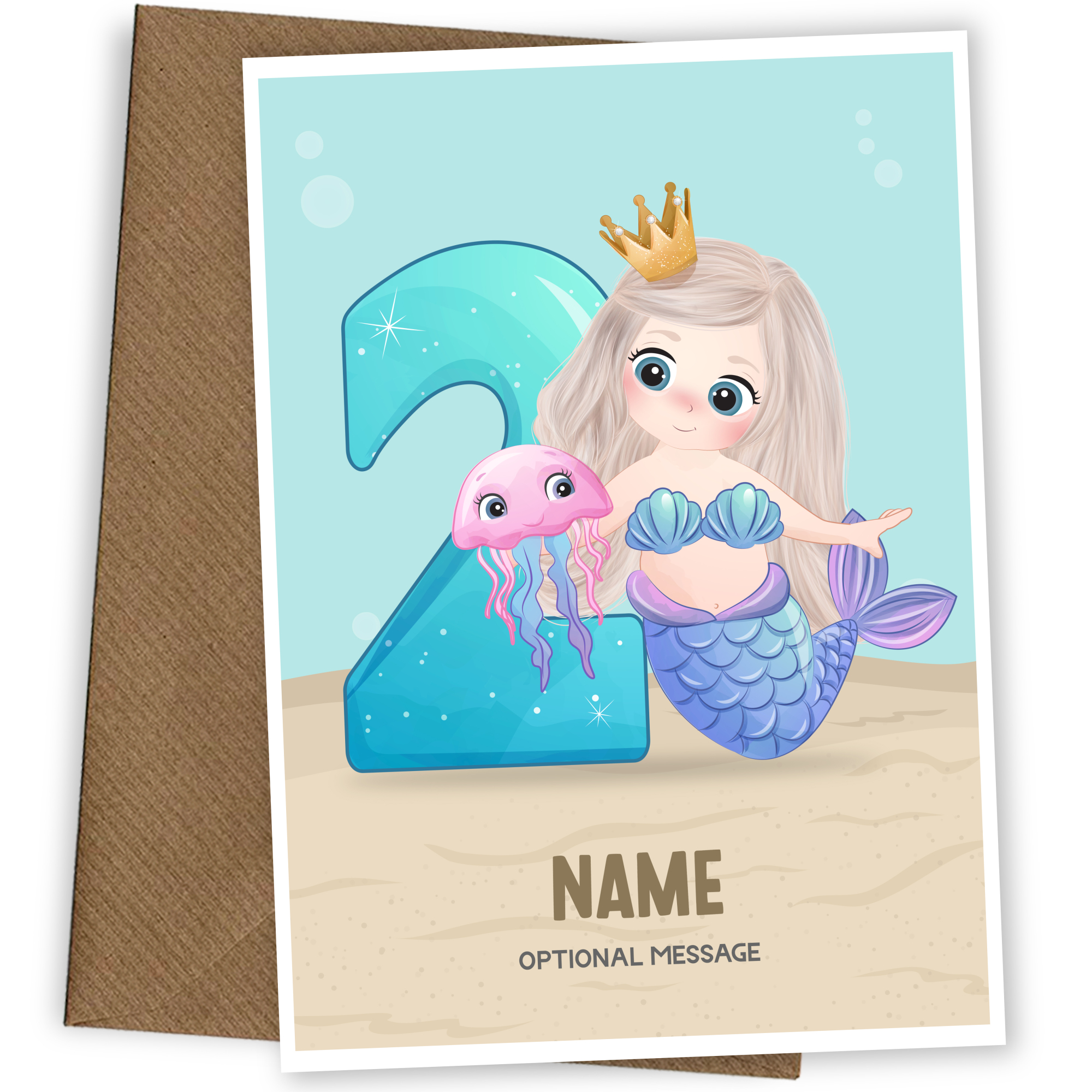 Girls 2nd Birthday Card for Kids Age 2 Yrs - Mermaid