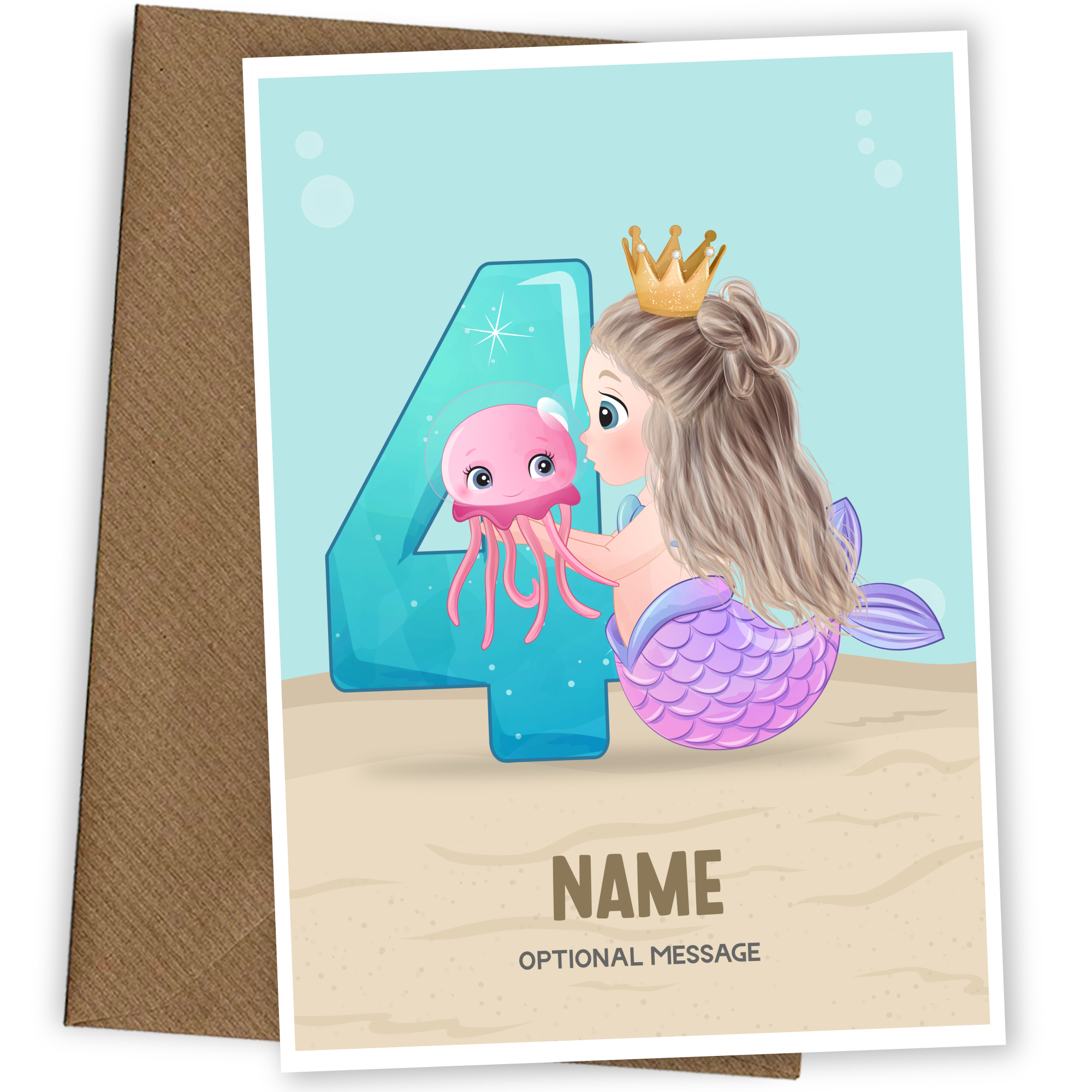 Girls 4th Birthday Card for Kids Age 4 Yrs - Mermaid