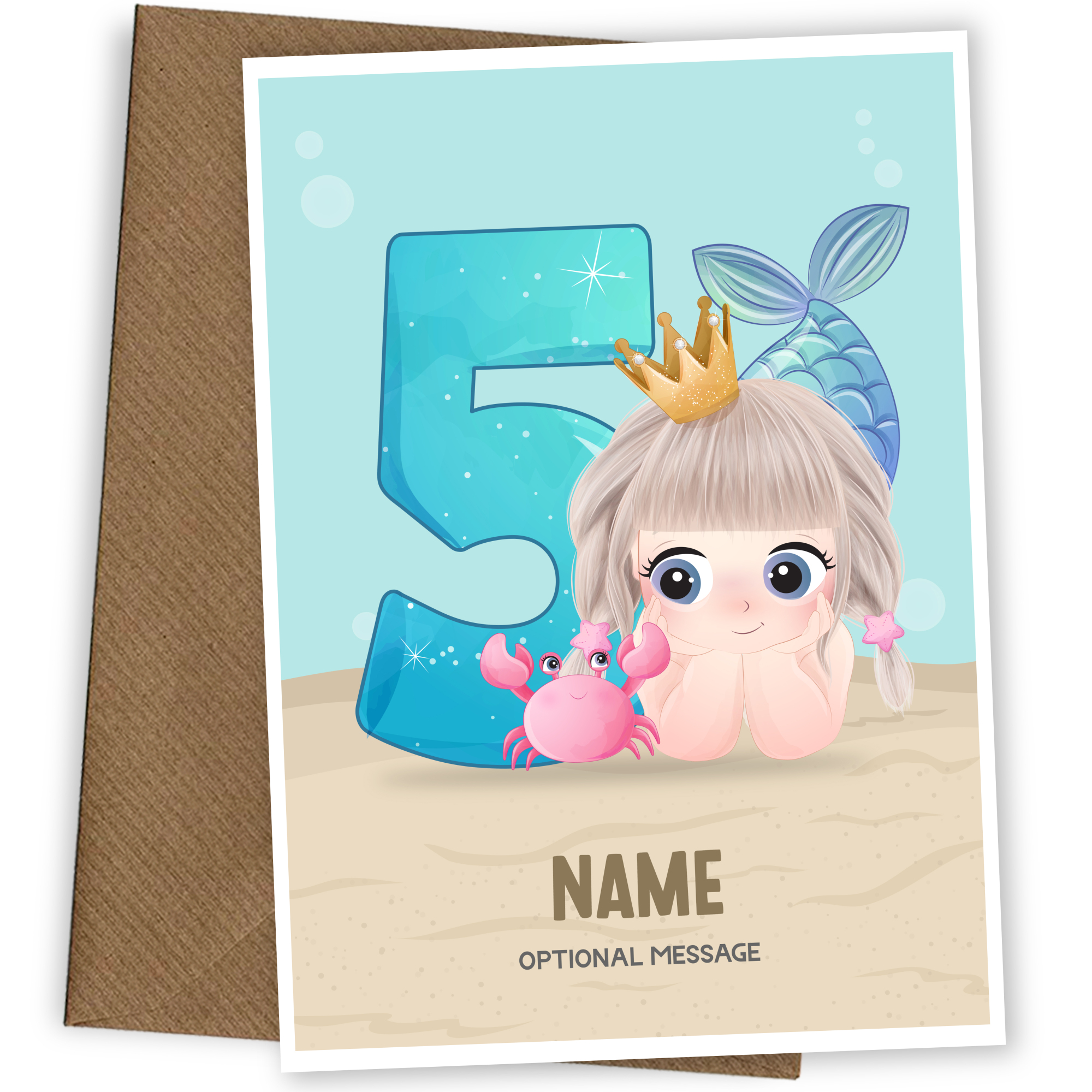 Girls 5th Birthday Card for Kids Age 5 Yrs - Mermaid