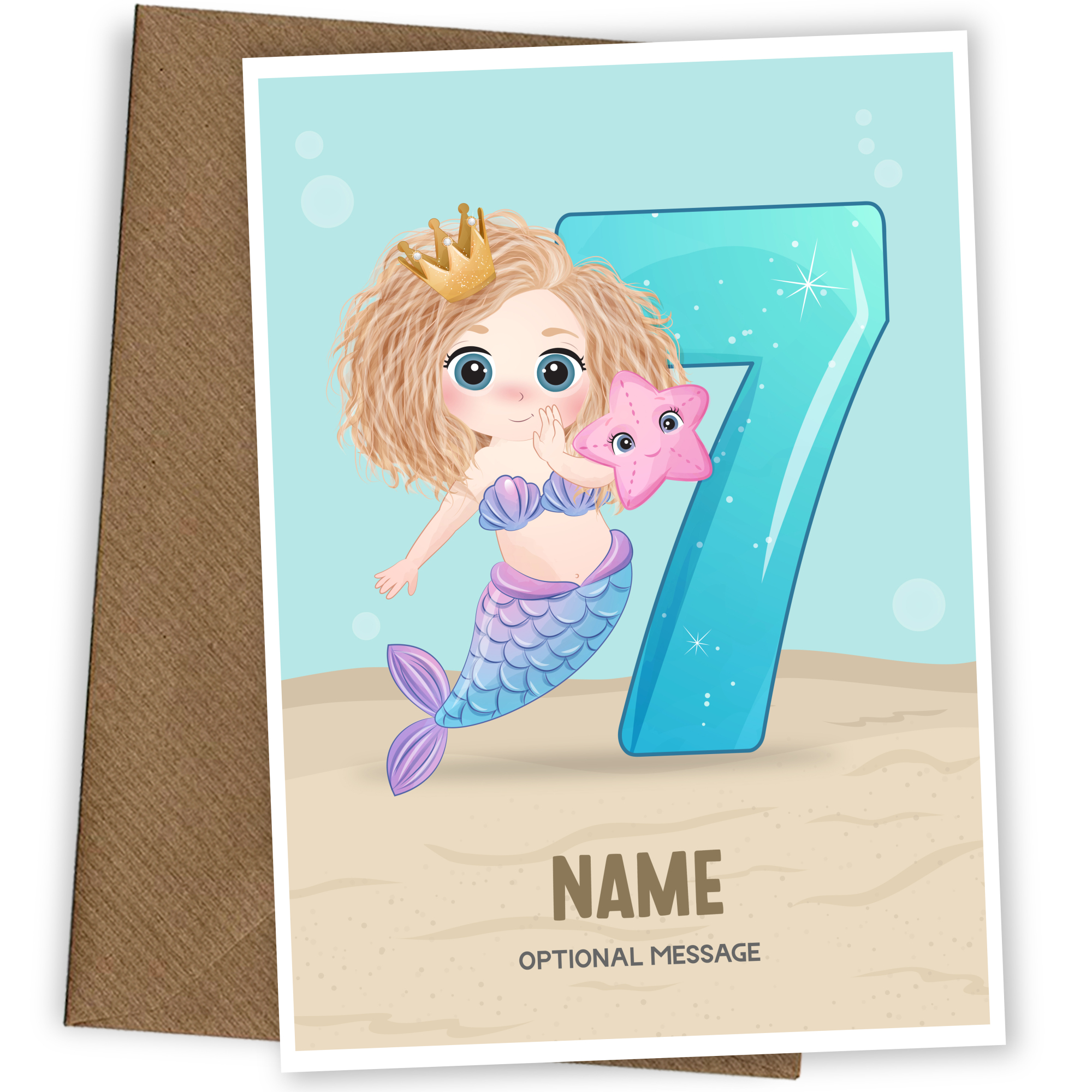 Girls 7th Birthday Card for Kids Age 7 Yrs - Mermaid