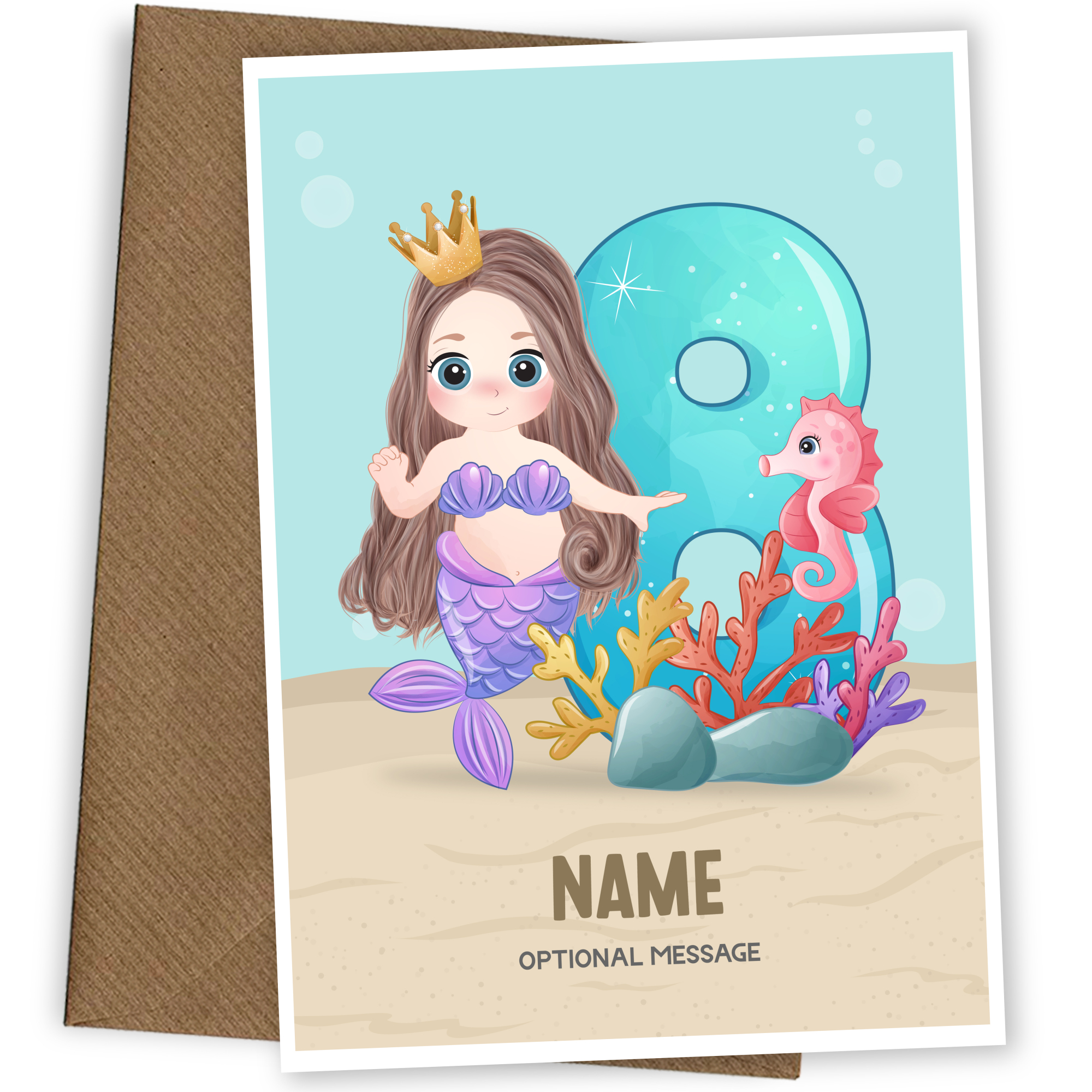 Girls 8th Birthday Card for Kids Age 8 Yrs - Mermaid