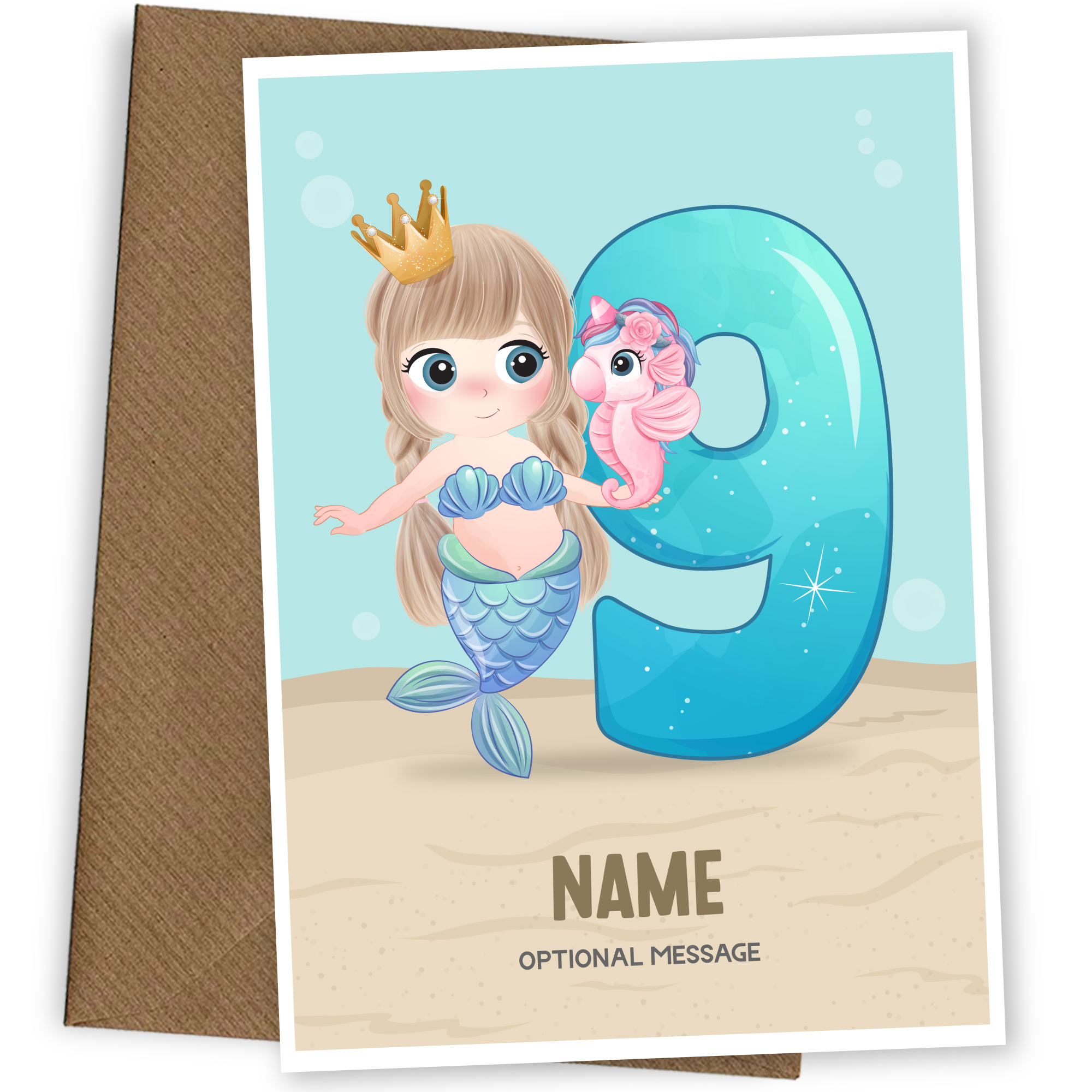 Girls 9th Birthday Card for Kids Age 9 Yrs - Mermaid