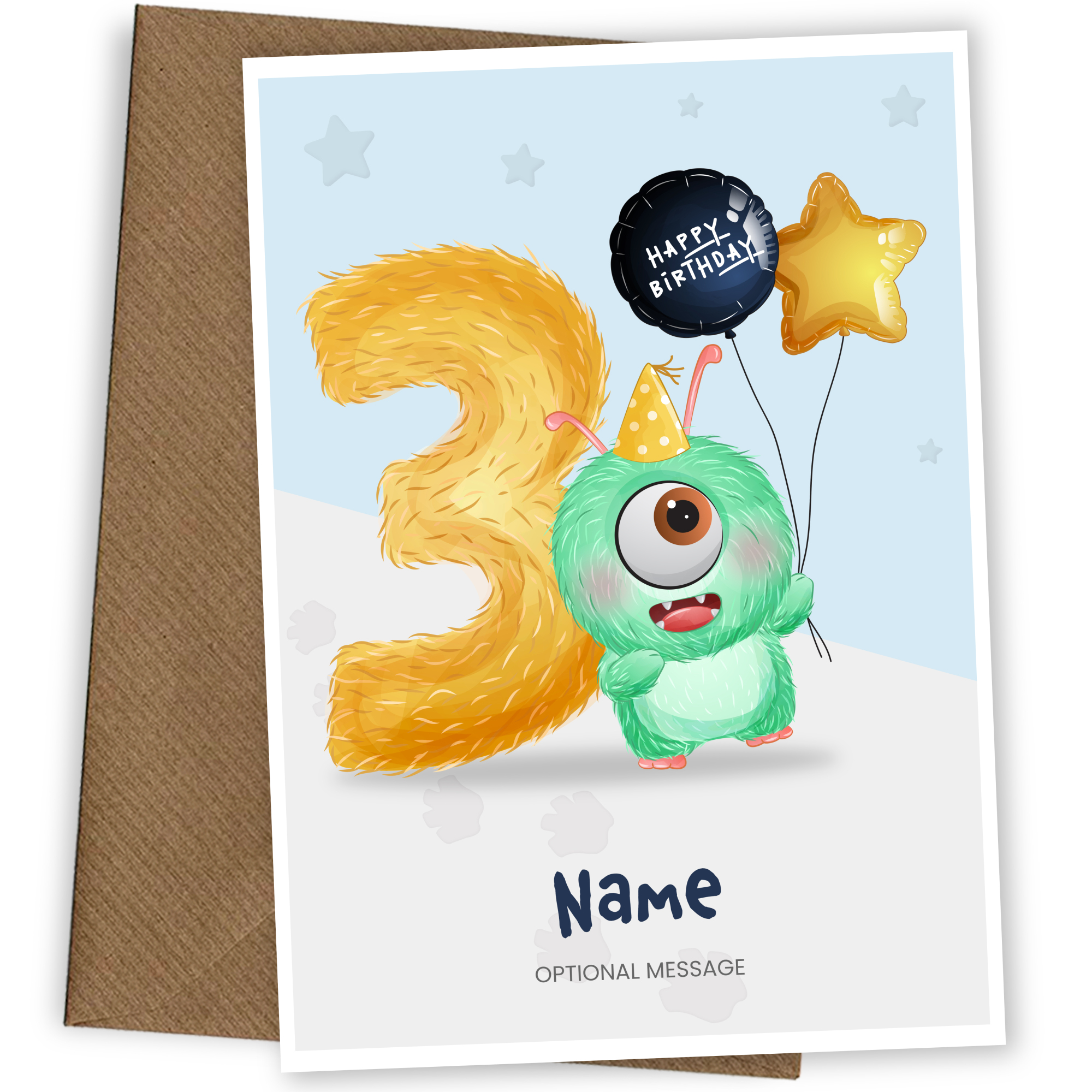 Boys 3rd Birthday Card for Kids Age 3 Yrs - Monster