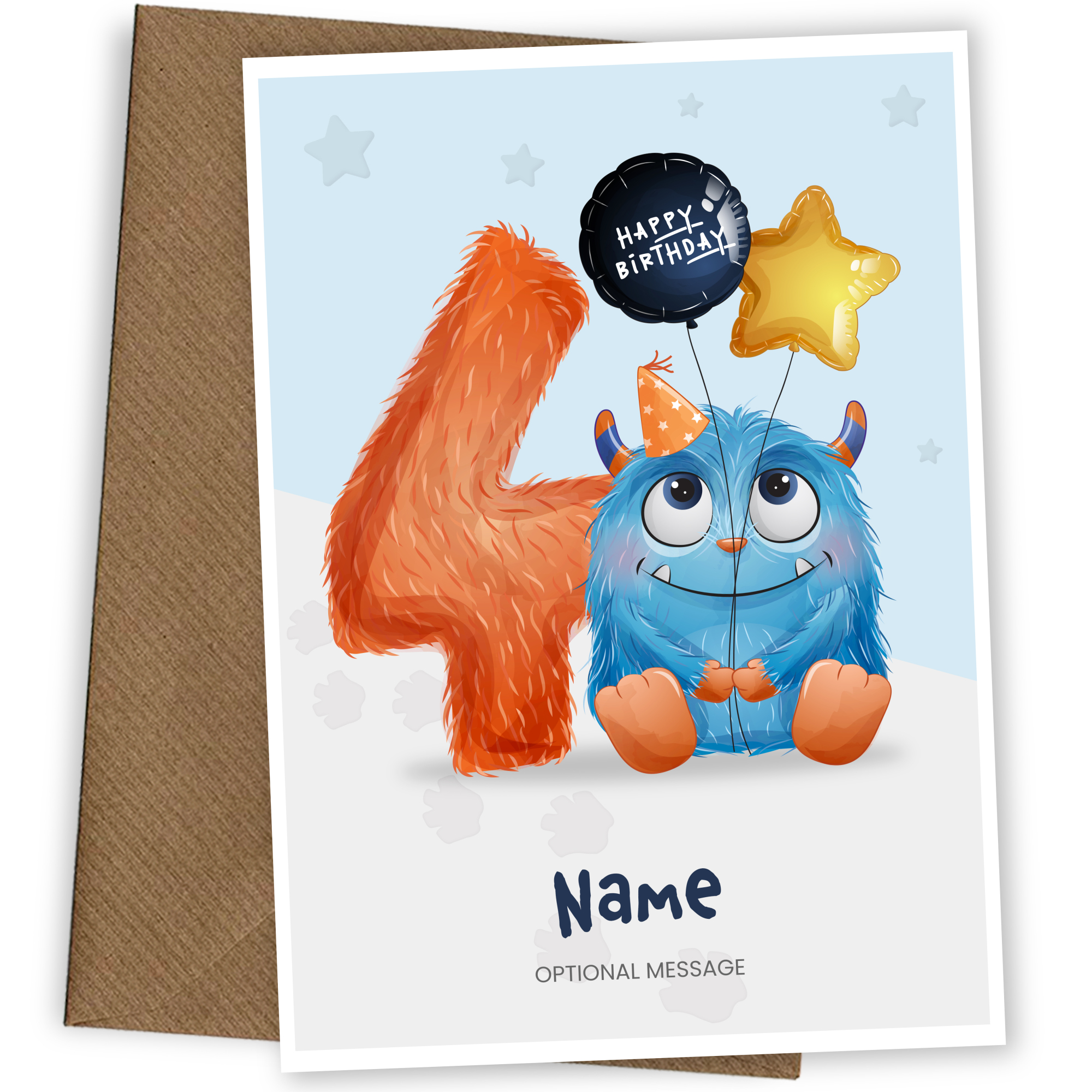Boys 4th Birthday Card for Kids Age 4 Yrs - Monster