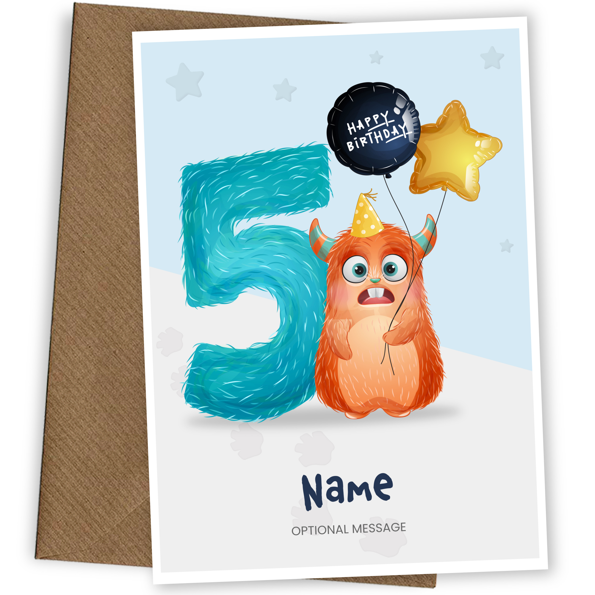Boys 5th Birthday Card for Kids Age 5 Yrs - Monster
