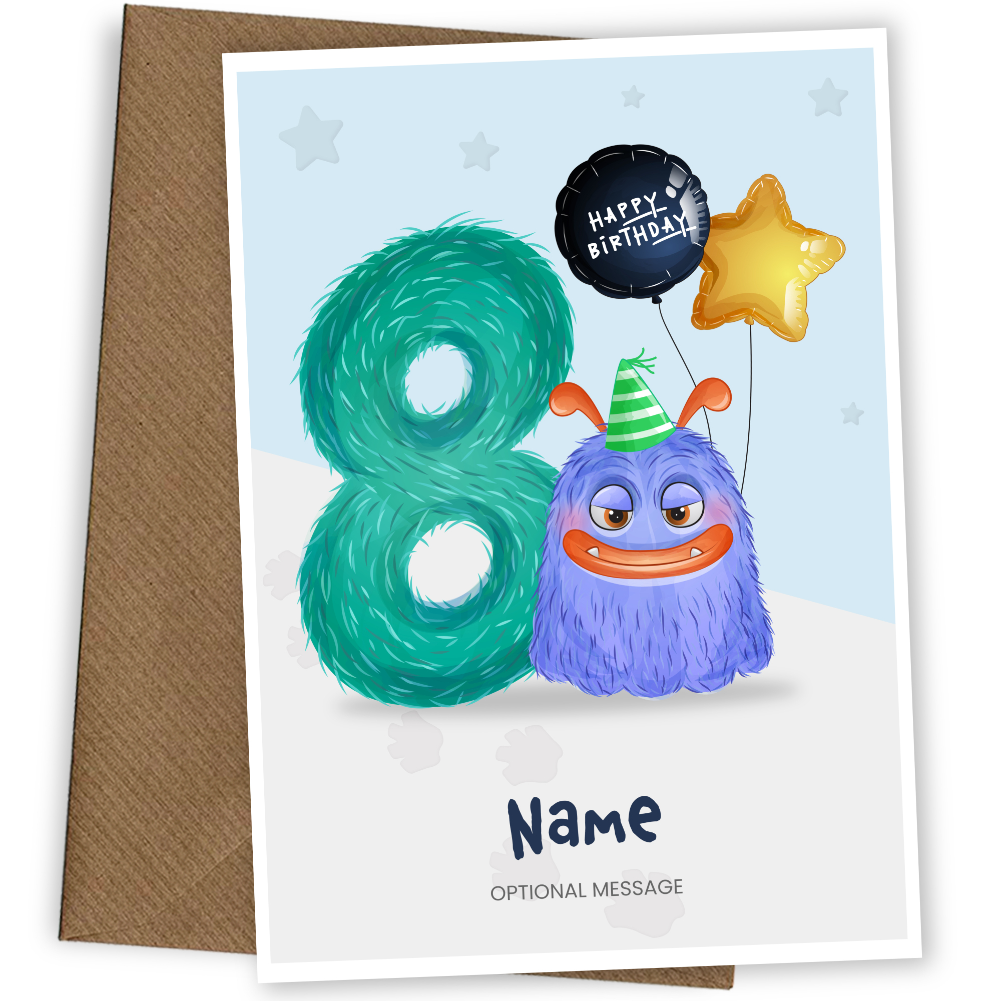 Boys 8th Birthday Card for Kids Age 8 Yrs - Monster
