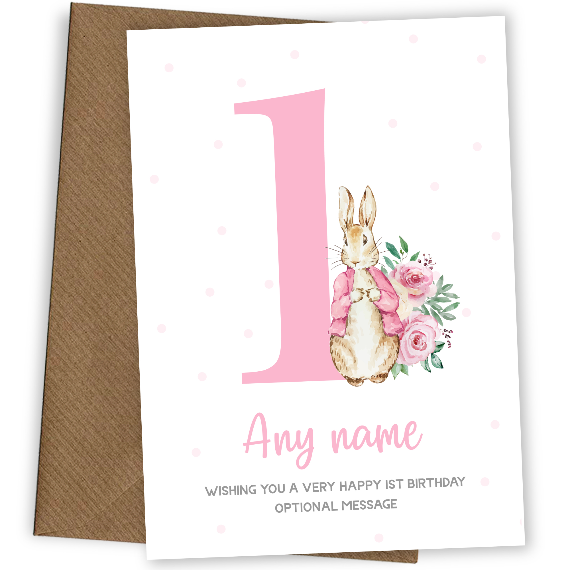 Cute 1st Birthday Card - Pink Bunny Rabbit - Age 1
