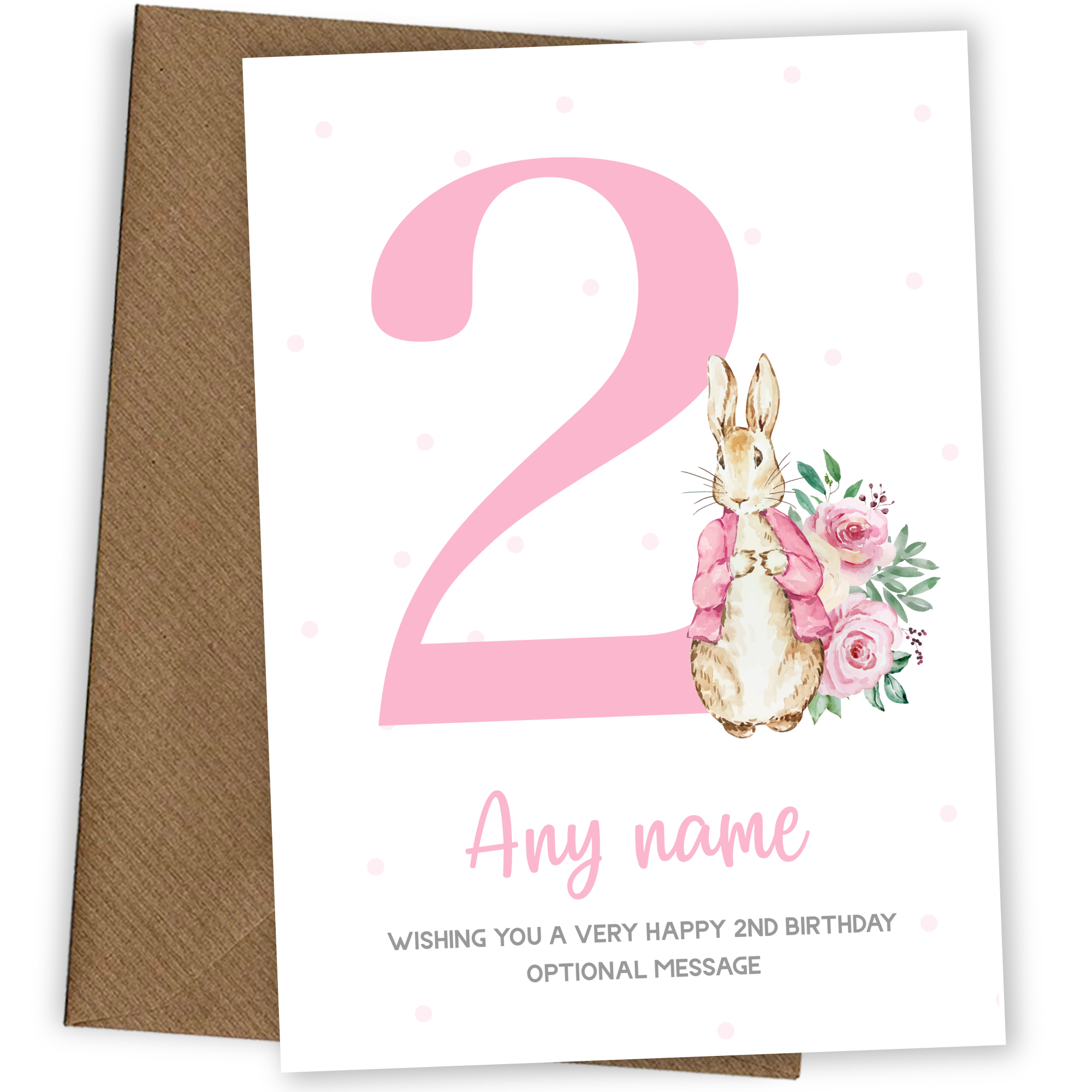 Cute 2nd Birthday Card - Pink Bunny Rabbit - Age 2