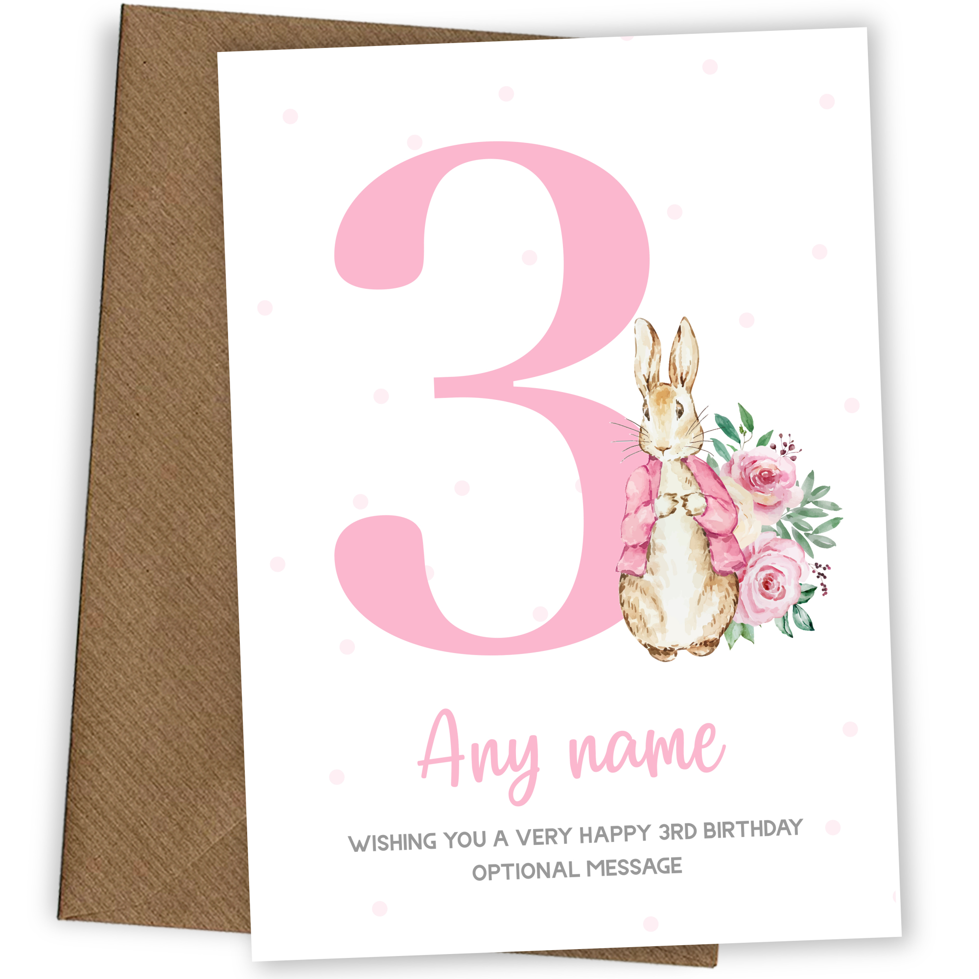 Cute 3rd Birthday Card - Pink Bunny Rabbit - Age 3