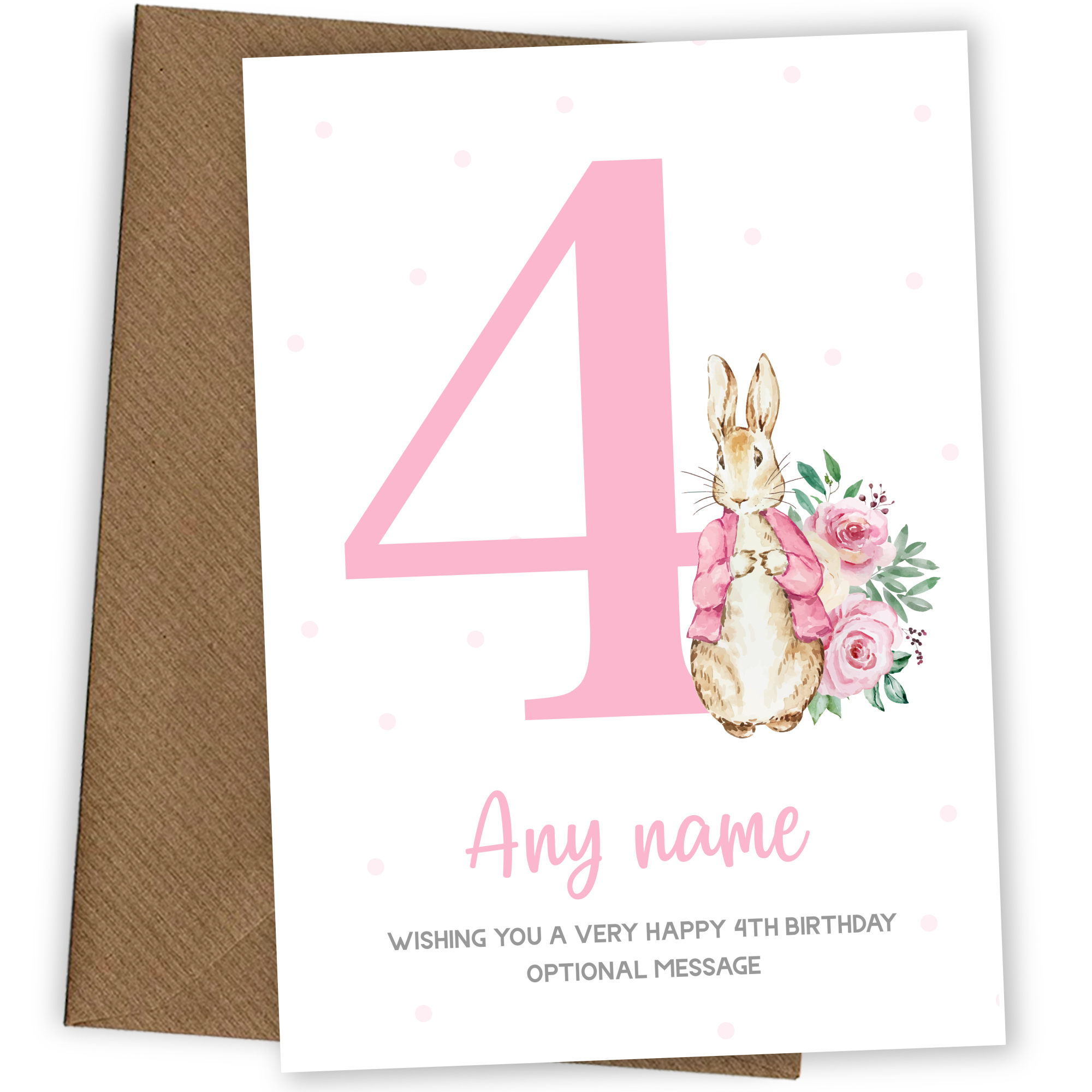 Cute 4th Birthday Card - Pink Bunny Rabbit - Age 4