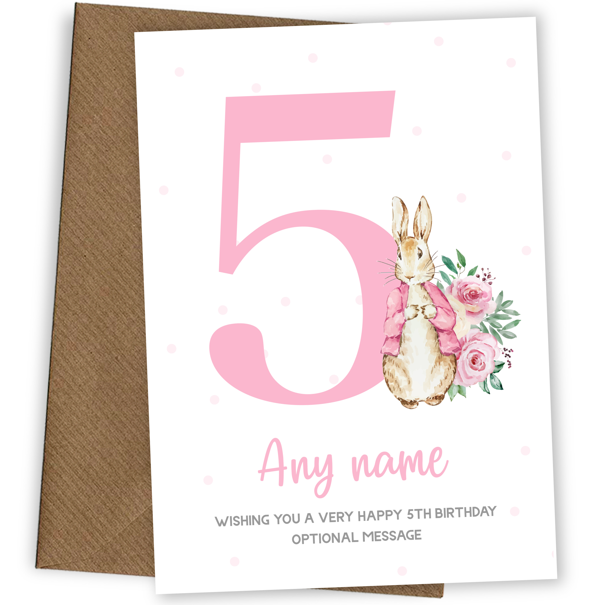 Cute 5th Birthday Card - Pink Bunny Rabbit - Age 5