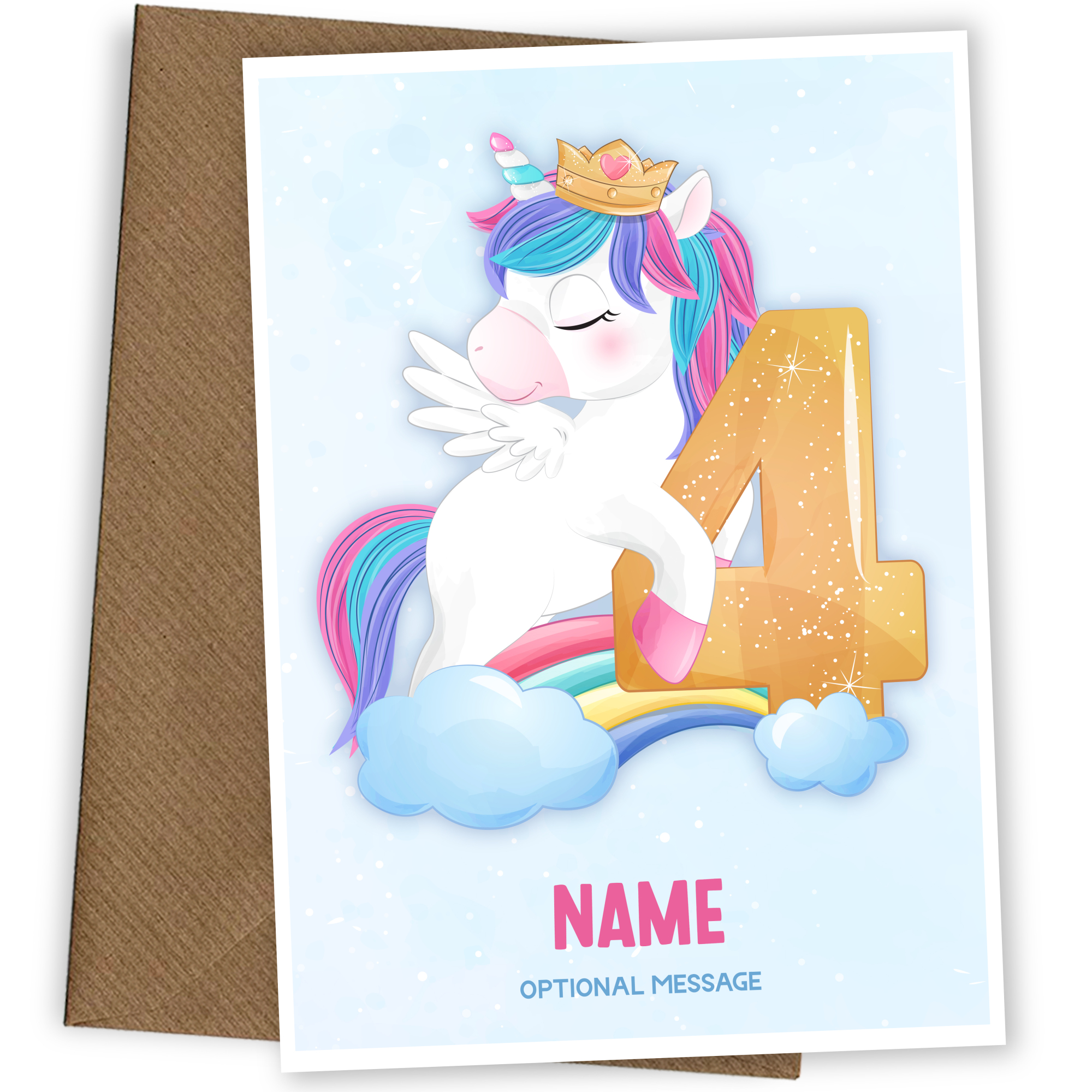 Girls 4th Birthday Card for Kids Age 4 Yrs - Unicorn