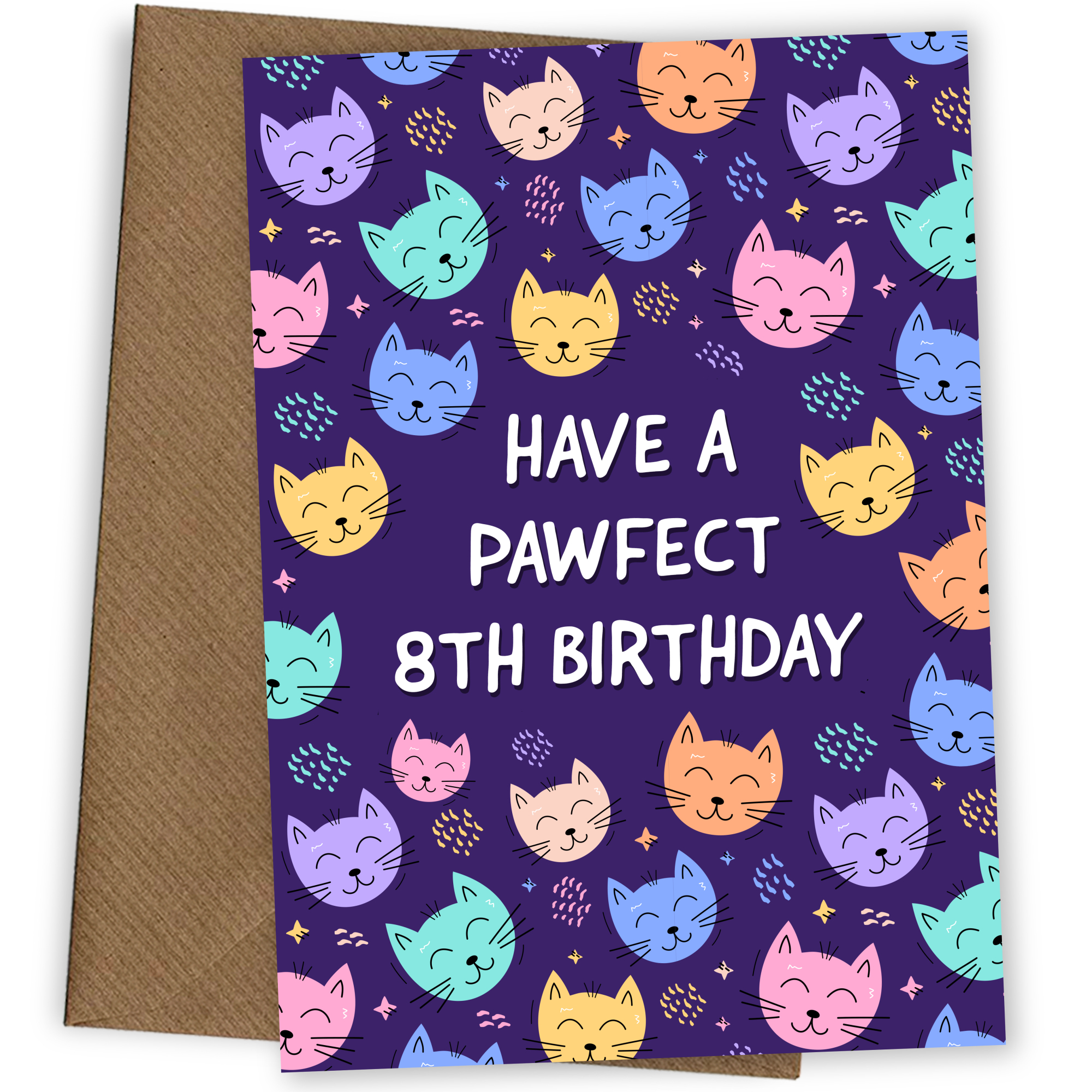8th Birthday Cat Card for Girls