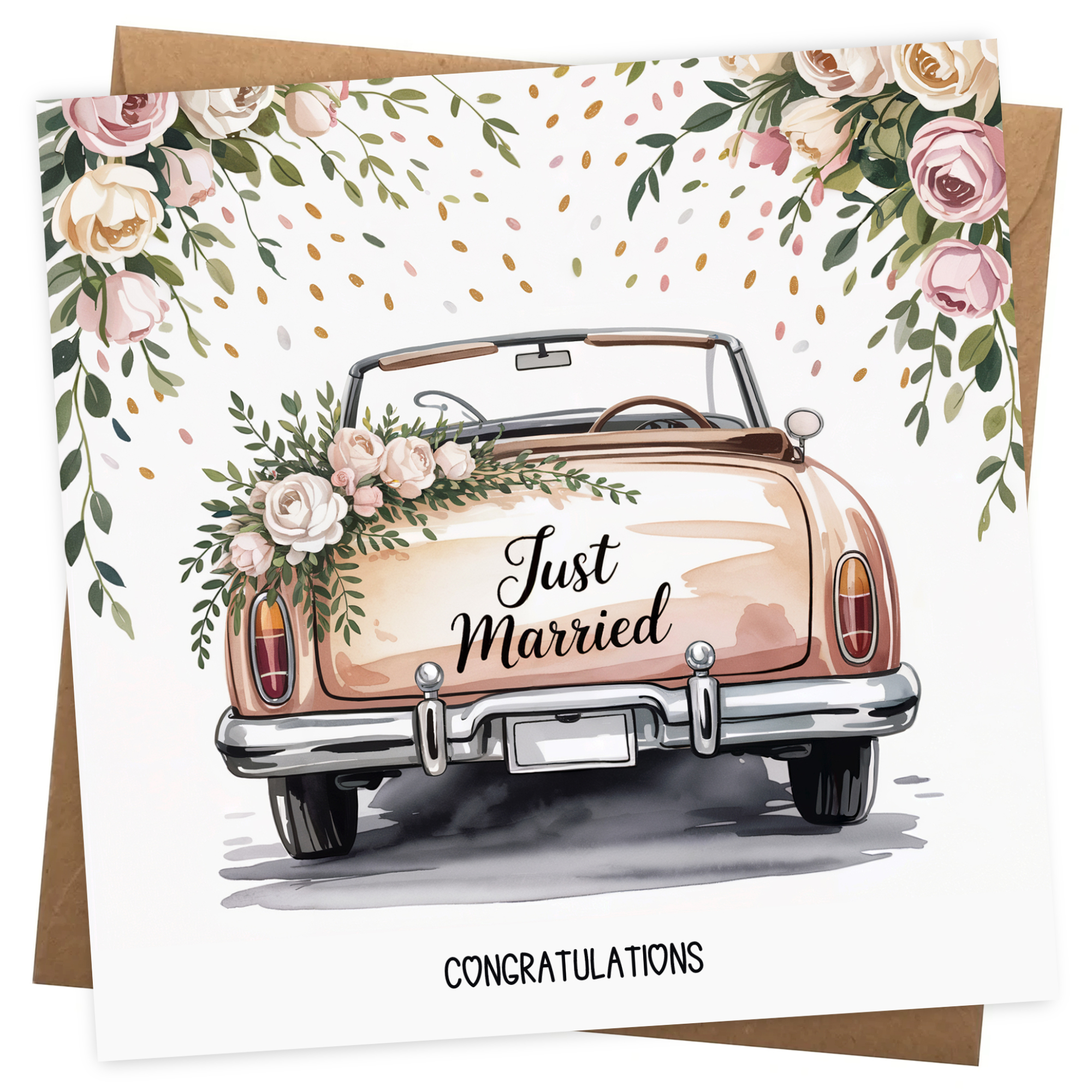 Wedding Card for Bride and Groom - Just Married Classic Car