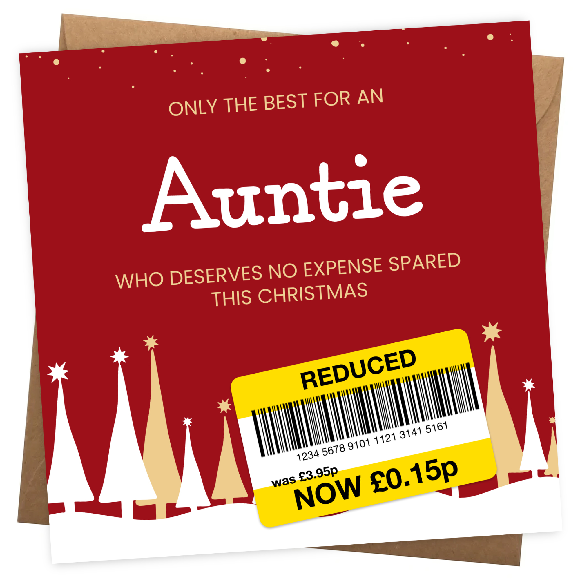 Funny Christmas Card for Auntie - Reduced Sticker, Xmas Tree Scene