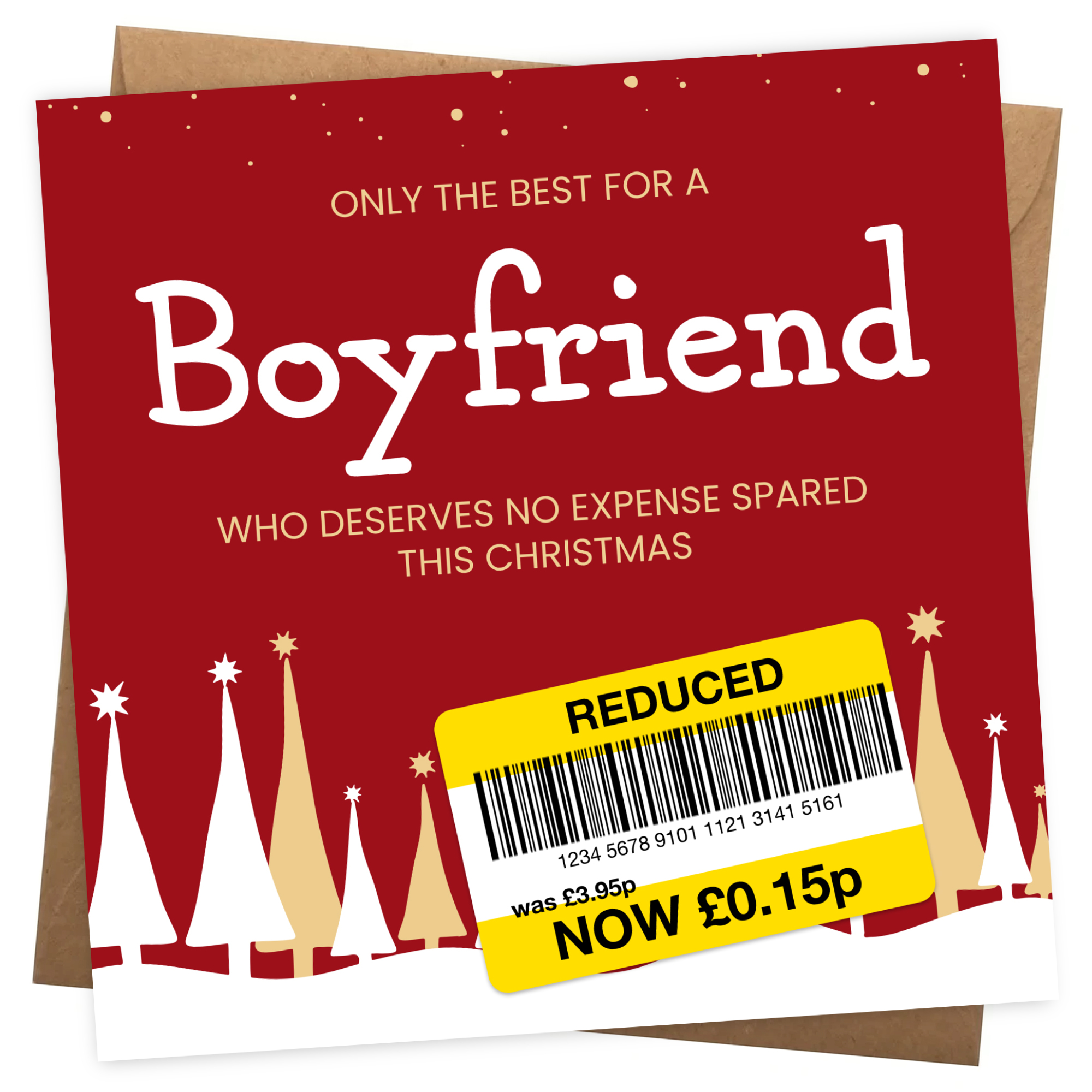 Funny Christmas Card for Boyfriend - Reduced Sticker, Xmas Tree Scene