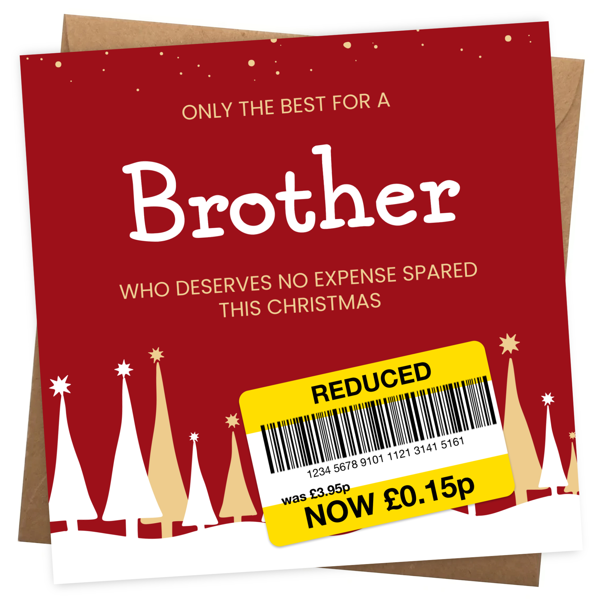 Funny Christmas Card for Brother - Reduced Sticker, Xmas Tree Scene