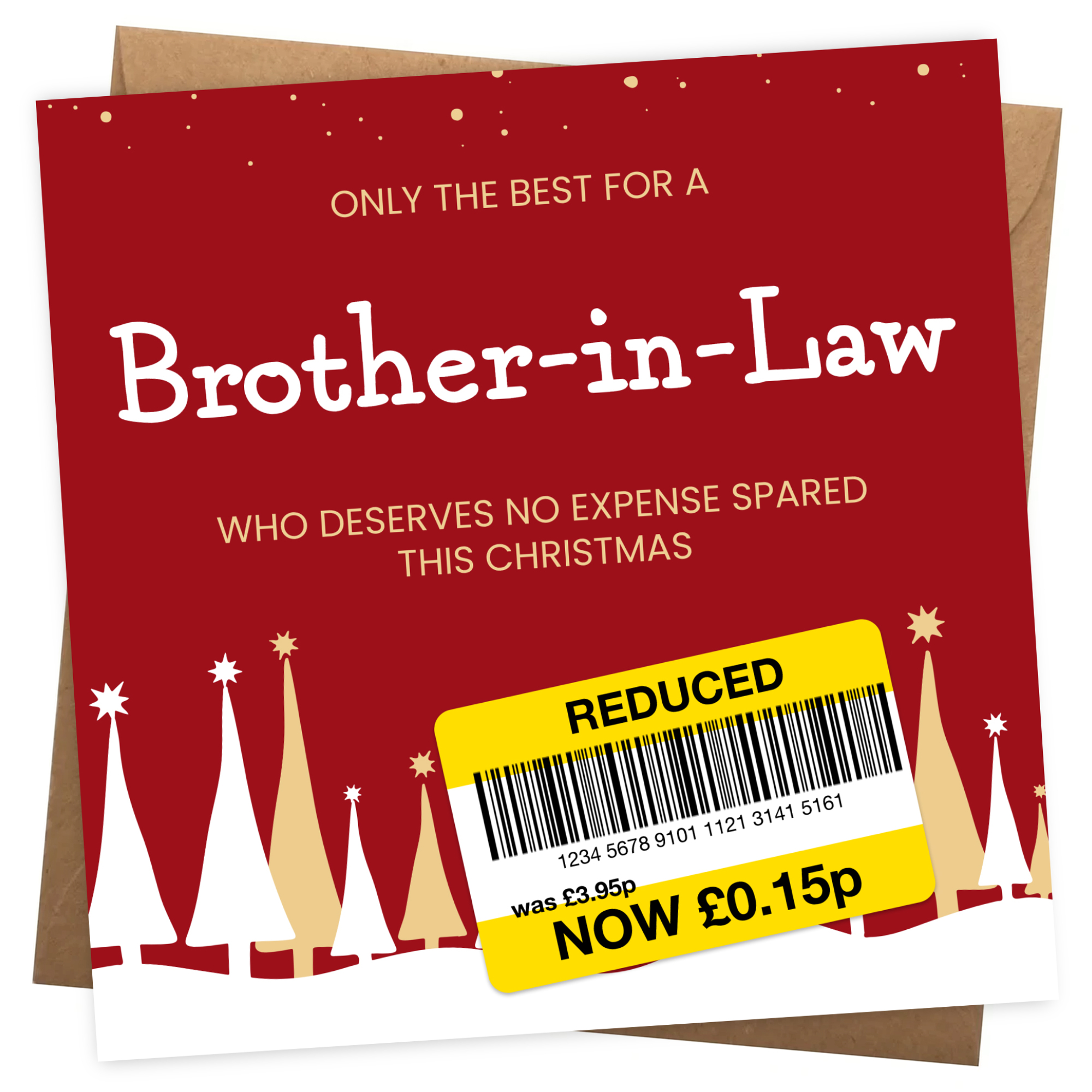 Funny Christmas Card for Brother-in-Law - Reduced Sticker, Xmas Tree Scene