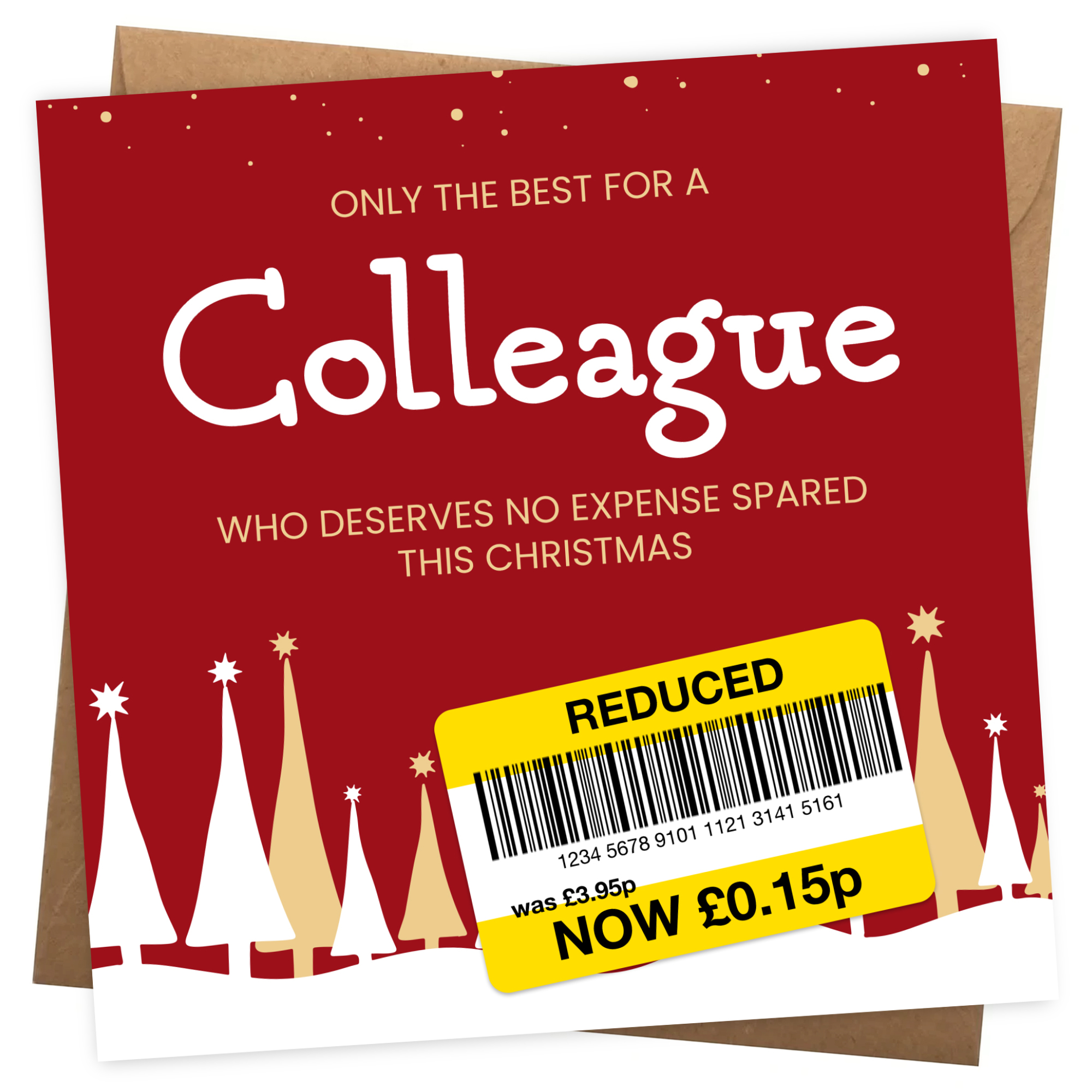 Funny Christmas Card for Colleague - Reduced Sticker, Xmas Tree Scene