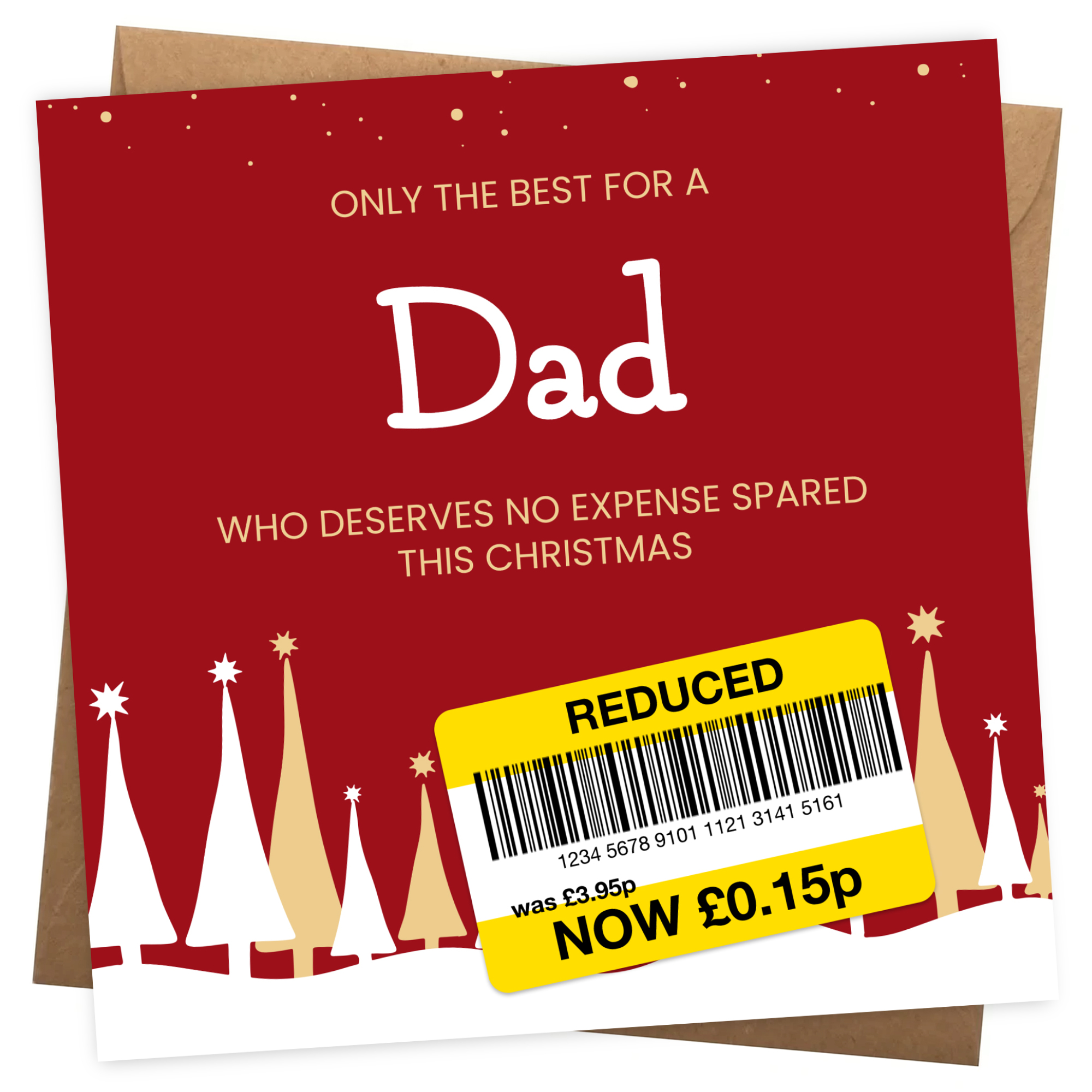 Funny Christmas Card for Dad - Reduced Sticker, Xmas Tree Scene