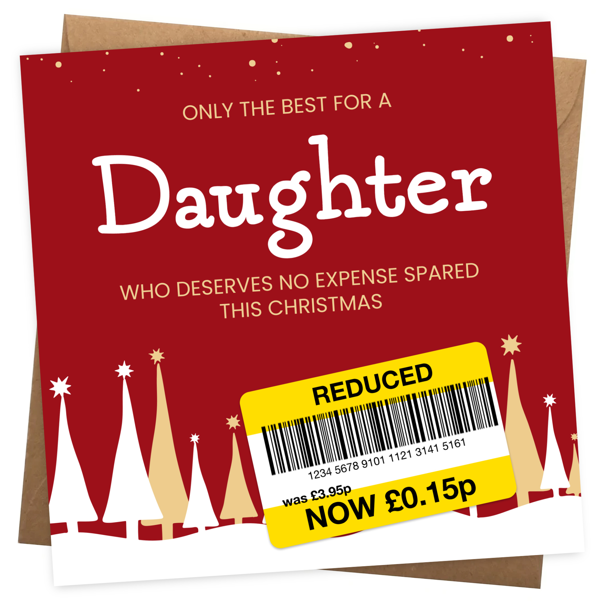 Funny Christmas Card for Daughter - Reduced Sticker, Xmas Tree Scene