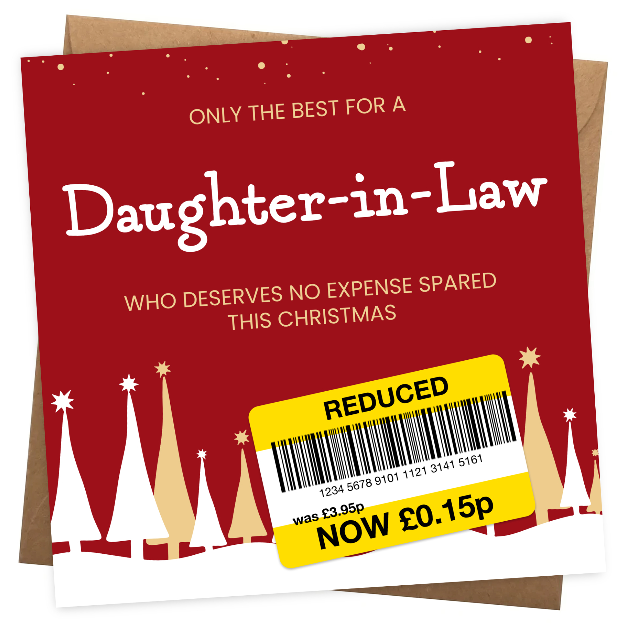 Funny Christmas Card for Daughter-in-Law - Reduced Sticker, Xmas Tree Scene