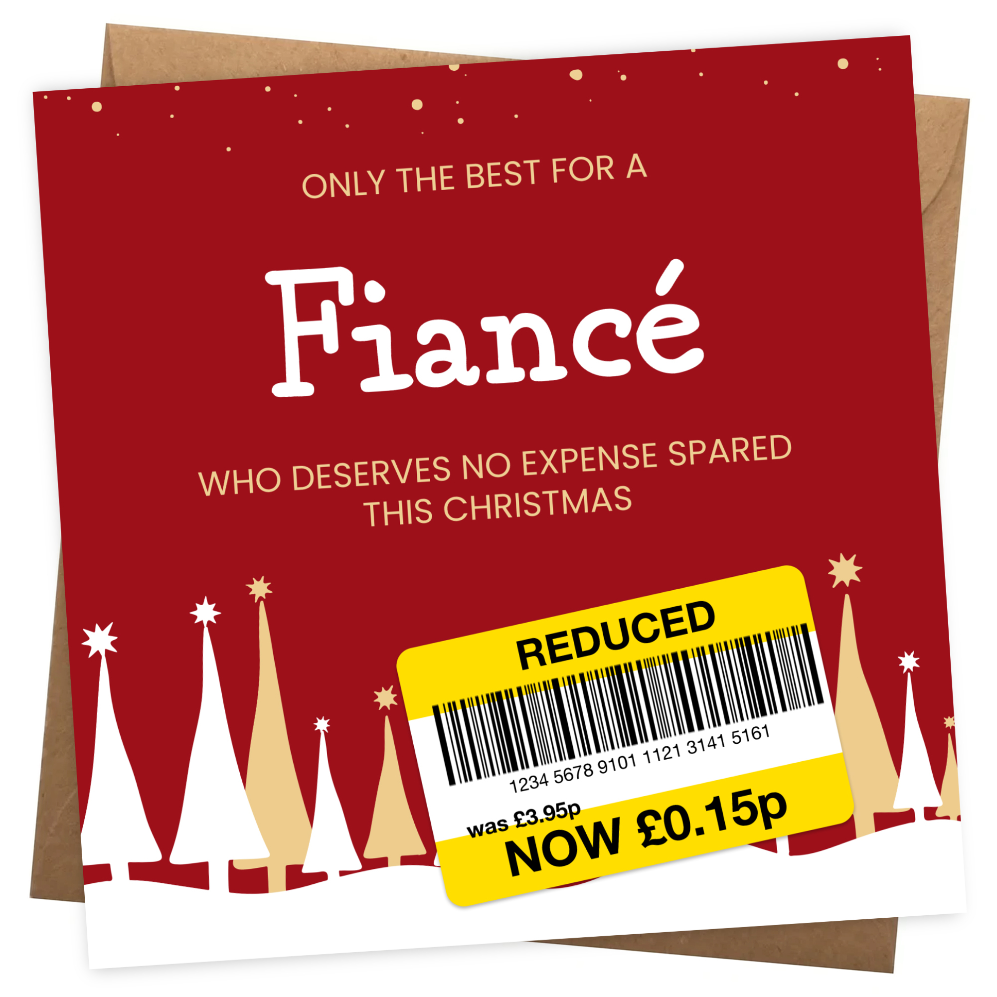 Funny Christmas Card for Fiance - Reduced Sticker, Xmas Tree Scene