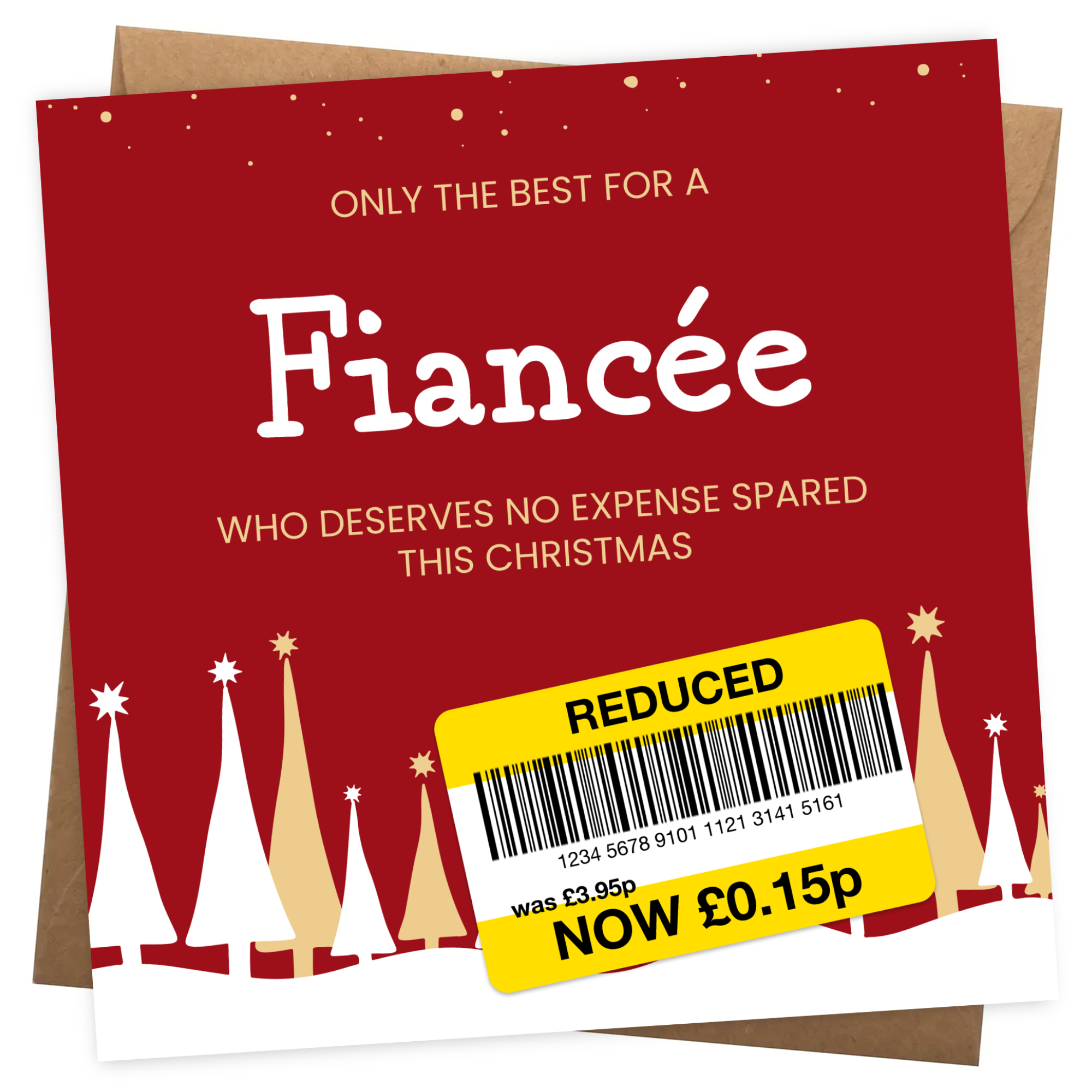 Funny Christmas Card for Fiancee - Reduced Sticker, Xmas Tree Scene