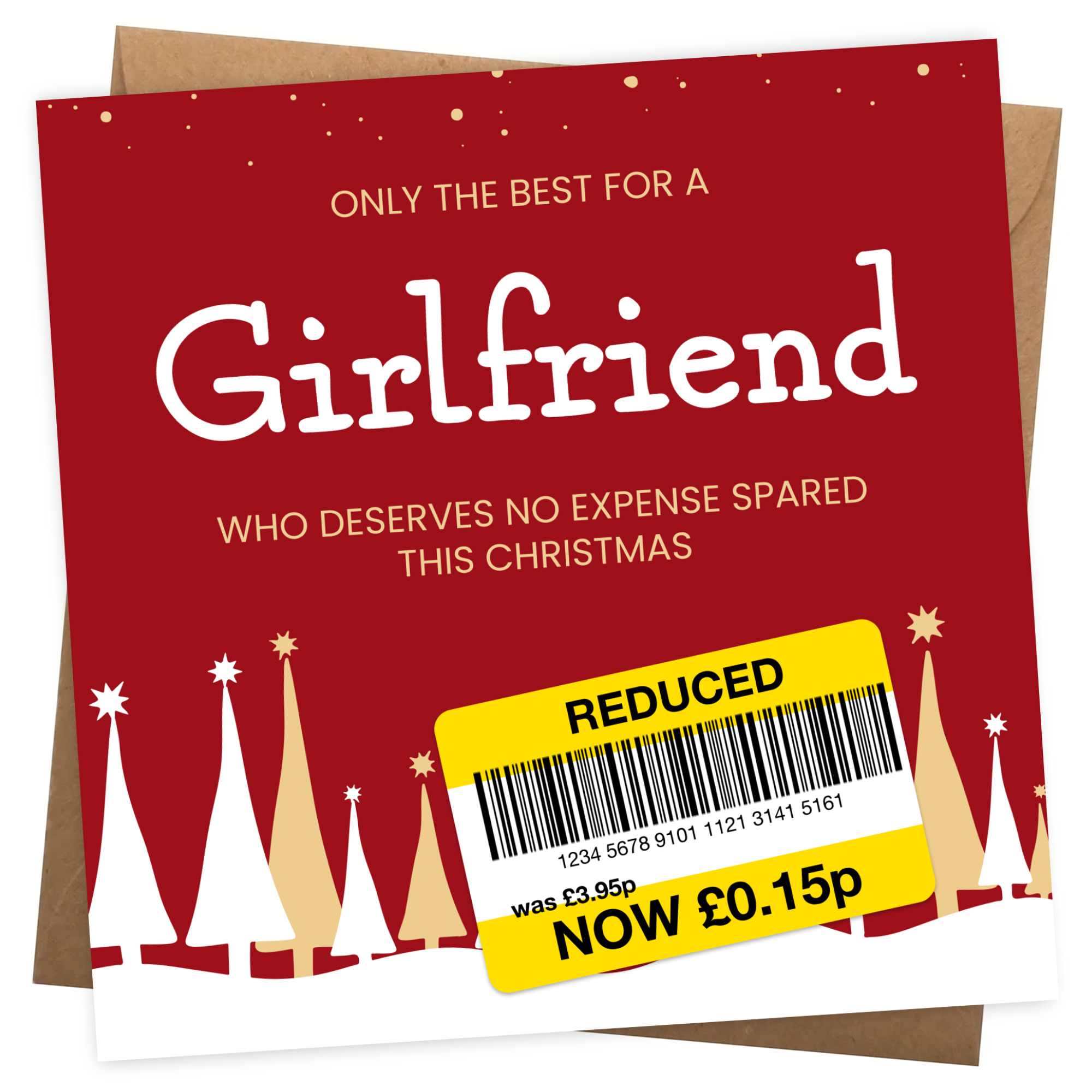 Funny Christmas Card for Girlfriend - Reduced Sticker, Xmas Tree Scene