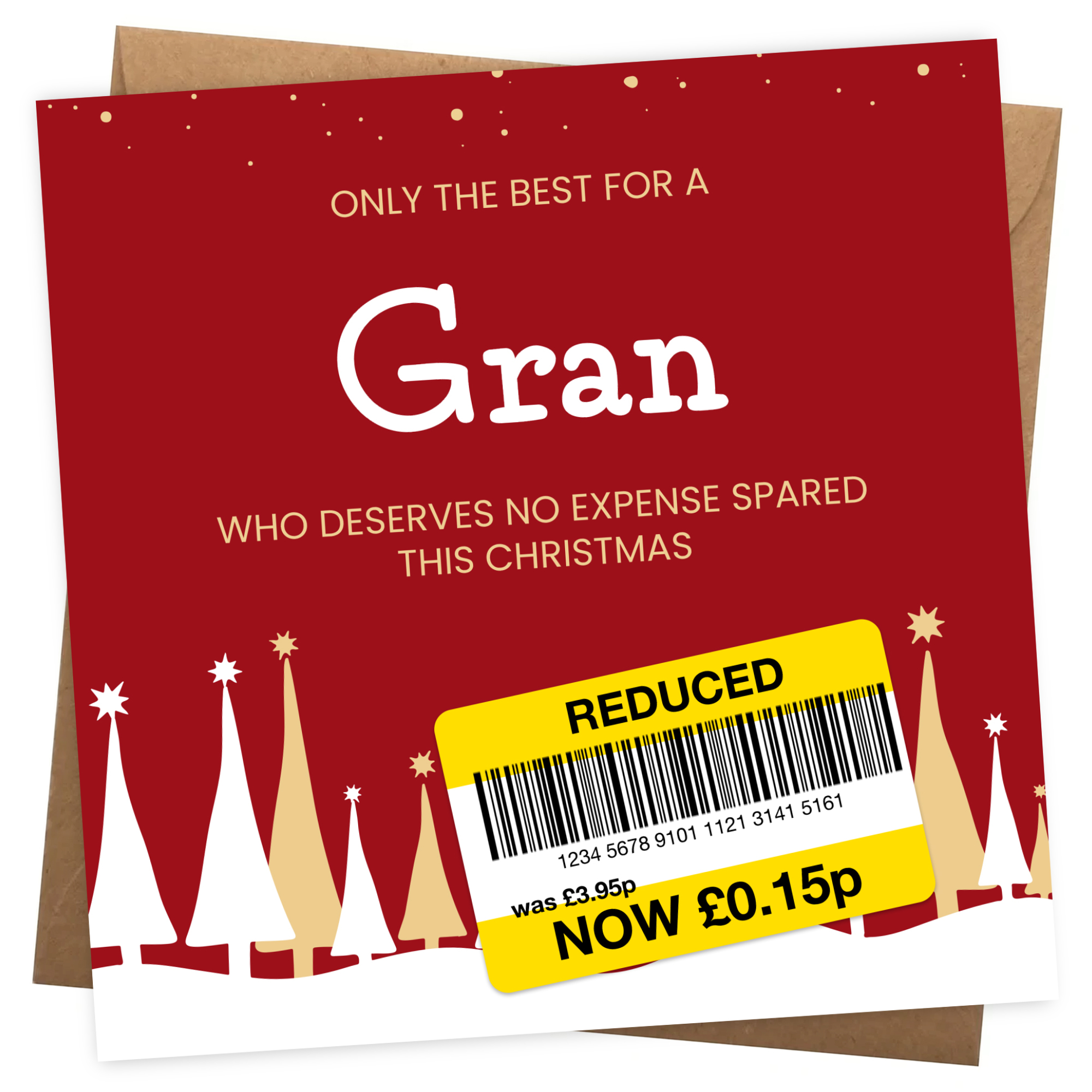 Funny Christmas Card for Gran - Reduced Sticker, Xmas Tree Scene