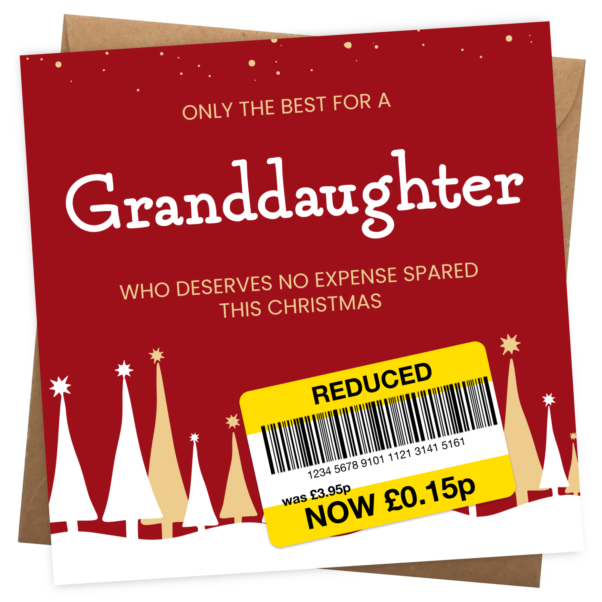 Funny Christmas Card for Granddaughter - Reduced Sticker, Xmas Tree Scene