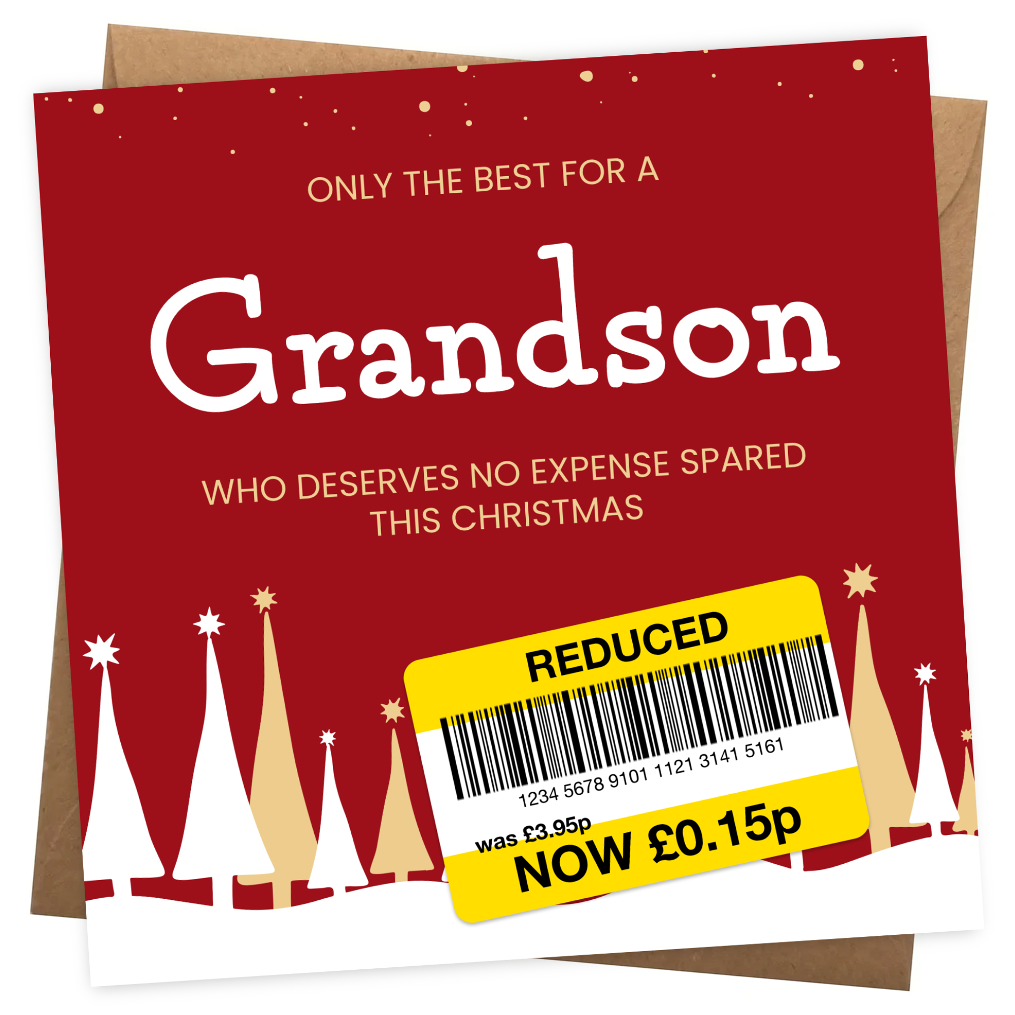 Funny Christmas Card for Grandson - Reduced Sticker, Xmas Tree Scene