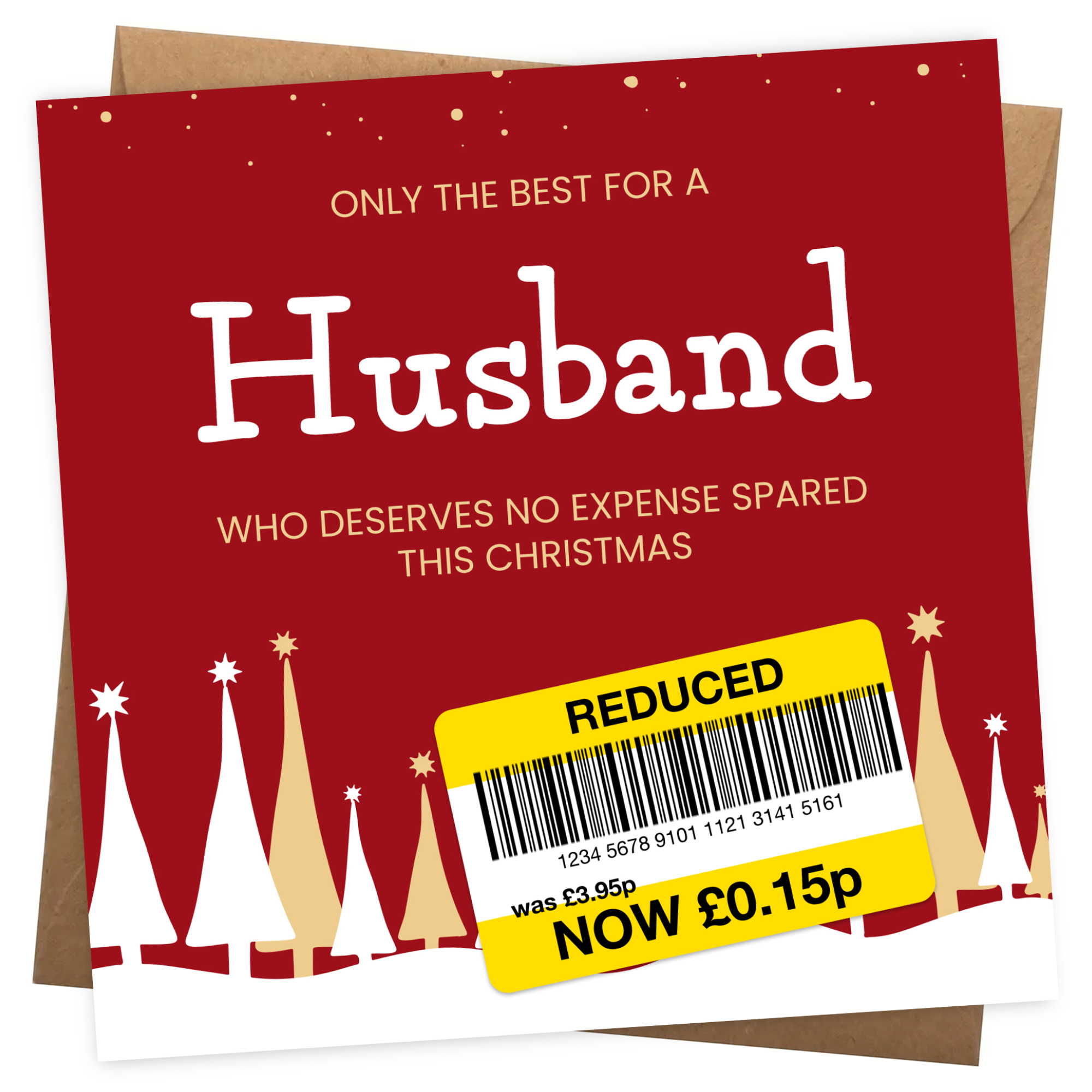 Funny Christmas Card for Husband - Reduced Sticker, Xmas Tree Scene