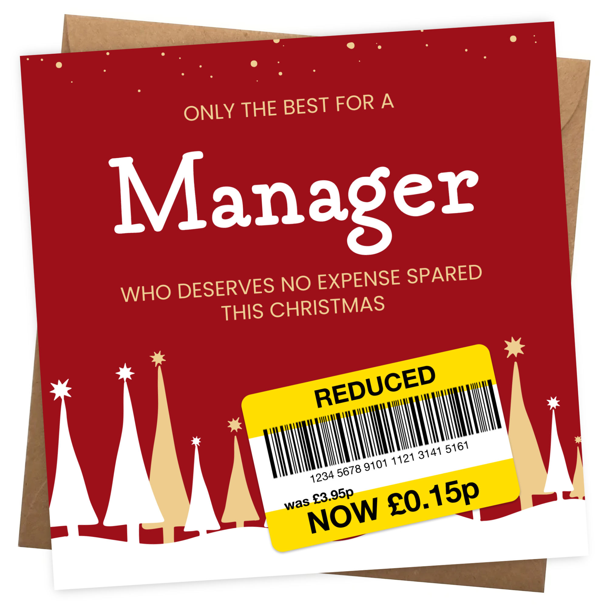 Funny Christmas Card for Manager - Reduced Sticker, Xmas Tree Scene