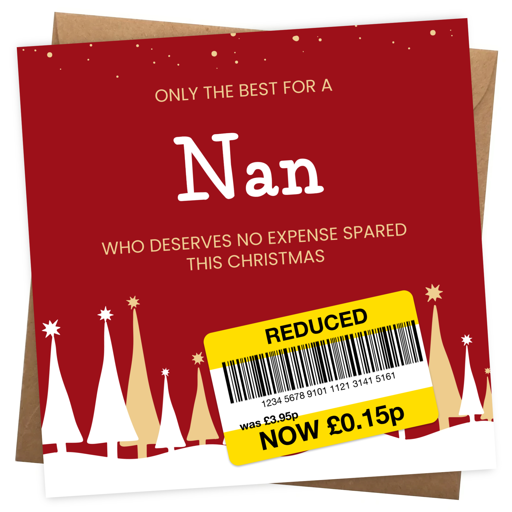 Funny Christmas Card for Nan - Reduced Sticker, Xmas Tree Scene