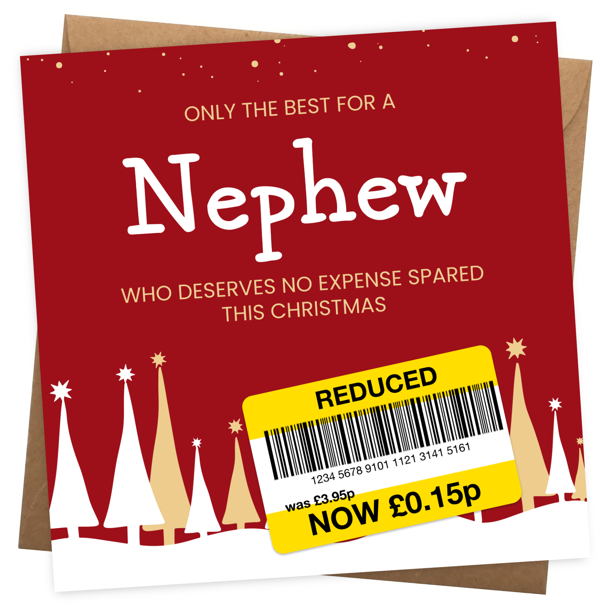 Funny Christmas Card for Nephew - Reduced Sticker, Xmas Tree Scene