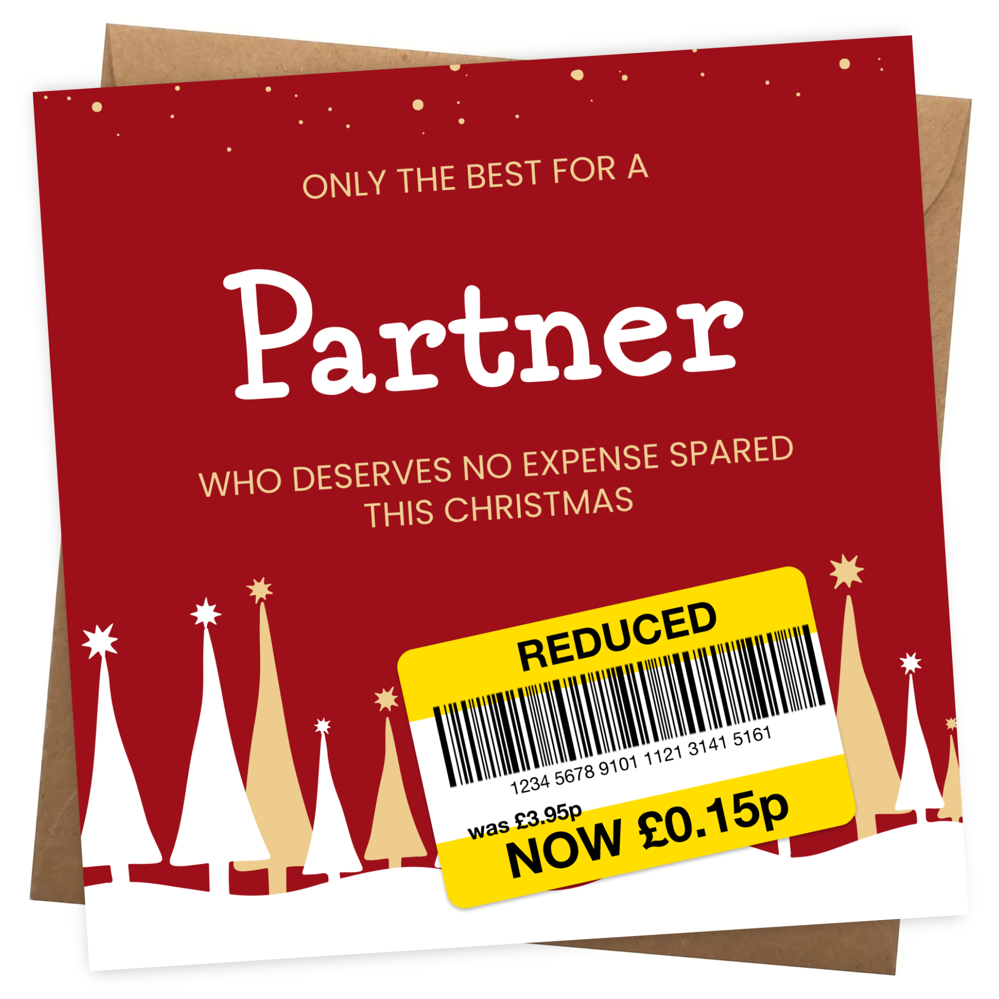 Funny Christmas Card for Partner - Reduced Sticker, Xmas Tree Scene