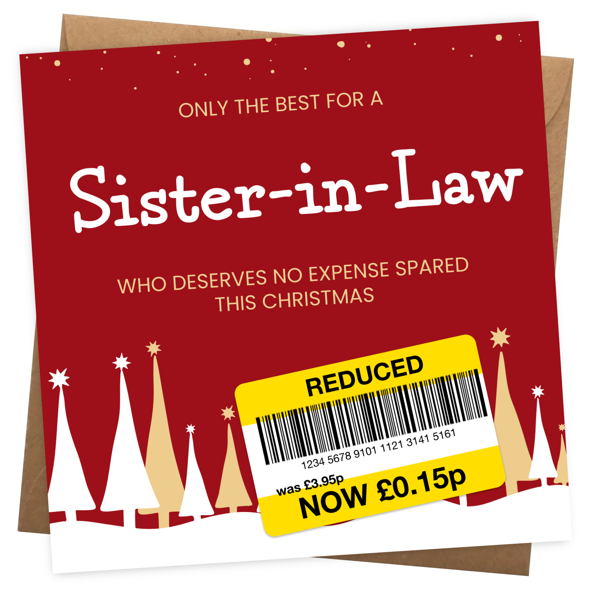 Funny Christmas Card for Sister-in-Law - Reduced Sticker, Xmas Tree Scene
