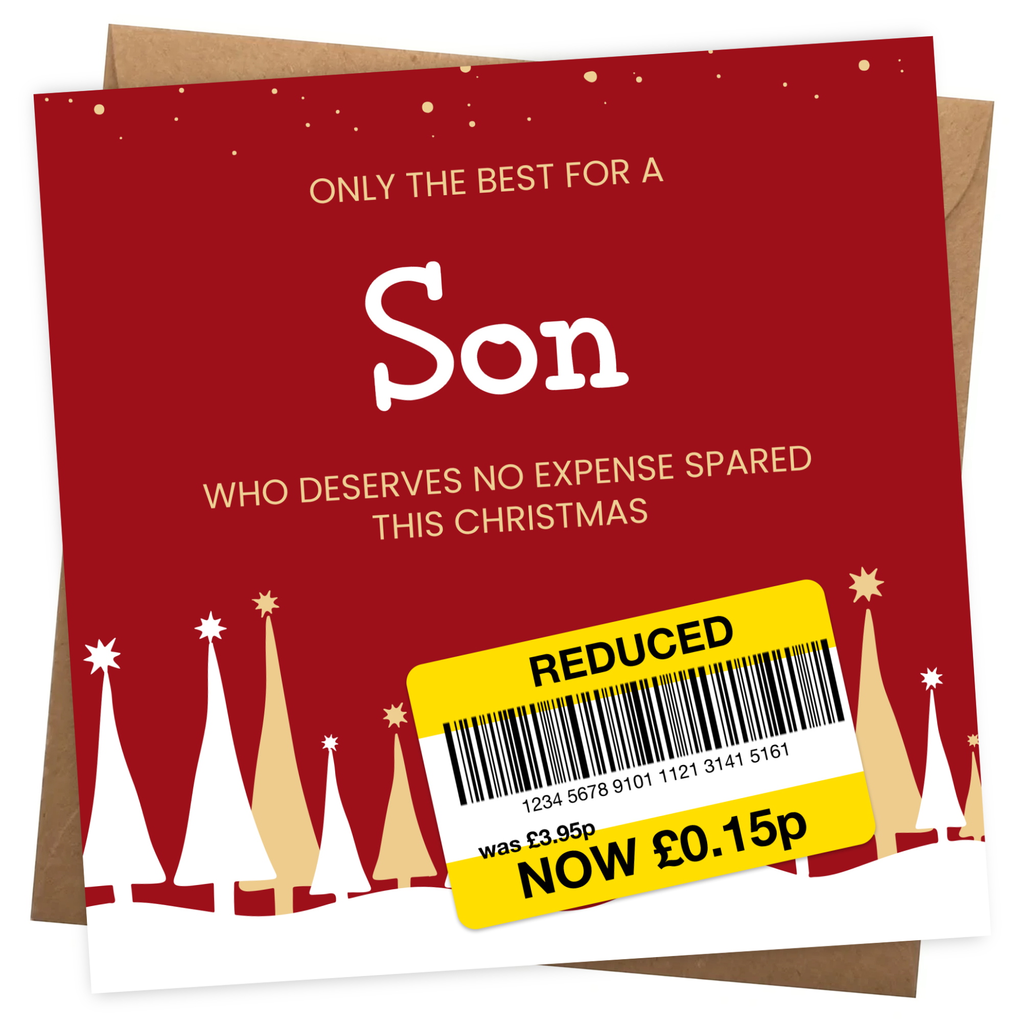 Funny Christmas Card for Son - Reduced Sticker, Xmas Tree Scene