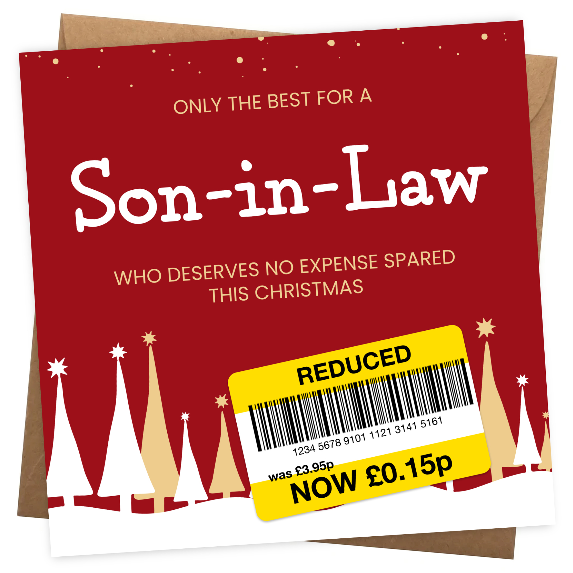 Funny Christmas Card for Son-in-Law - Reduced Sticker, Xmas Tree Scene