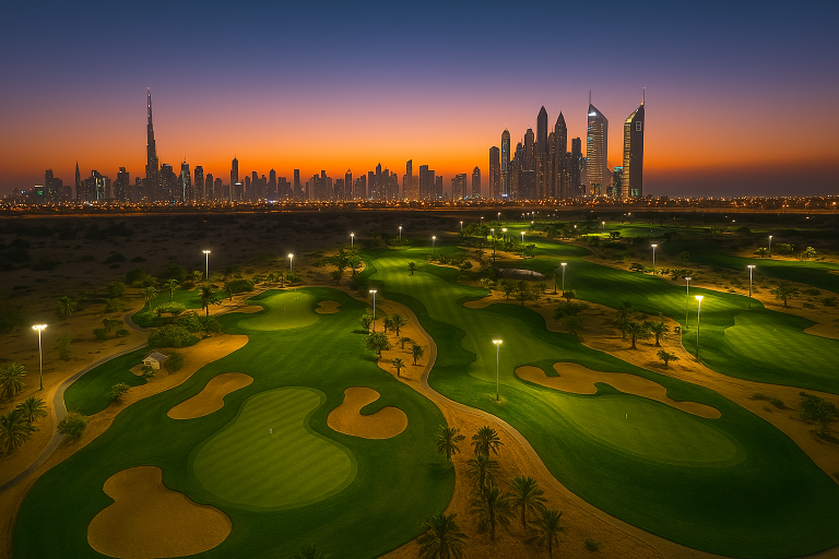 Golf course with Dubai skyline at sunset