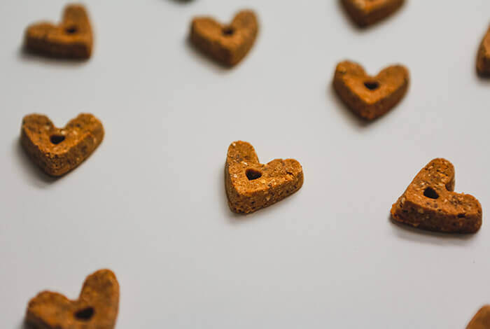 heart-shaped dog treats on a surface
