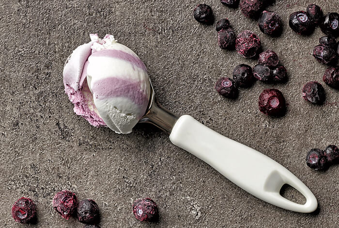 a scoop of blueberry tartufo with fresh blueberries scattered around it