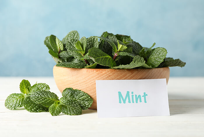 a bowl filled with fresh mint leaves and the inscription 'Mint' on a white wooden table