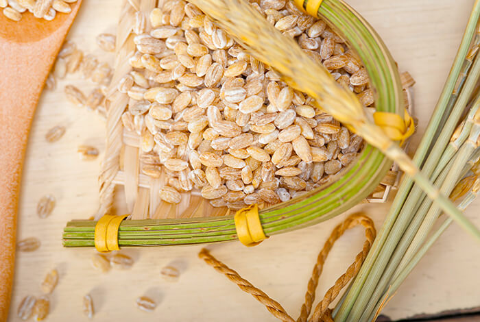 organic barley grains on a wooden table